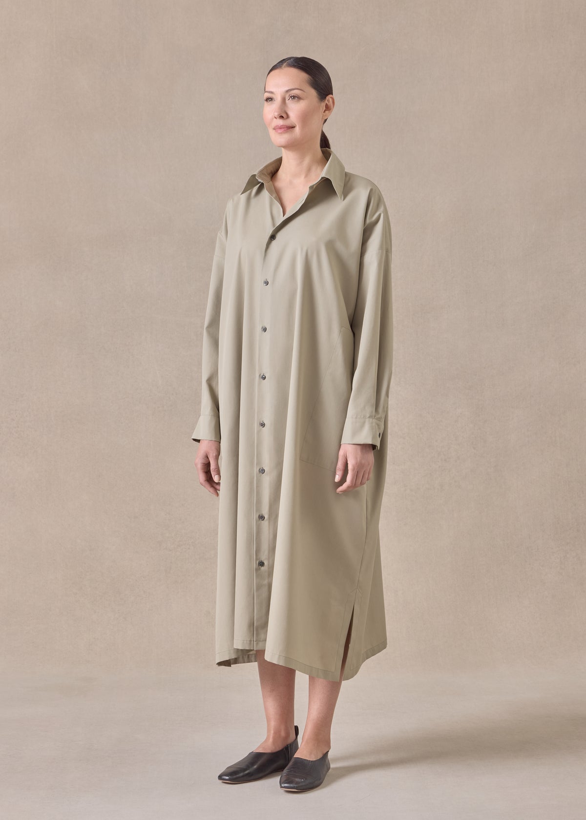 cotton wide a-line shirt dress with collar