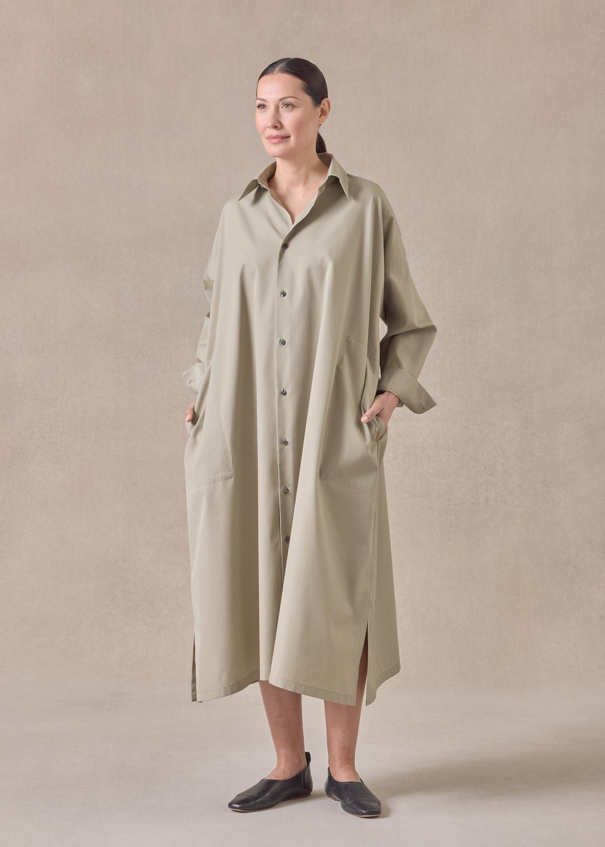 cotton wide a-line shirt dress with collar