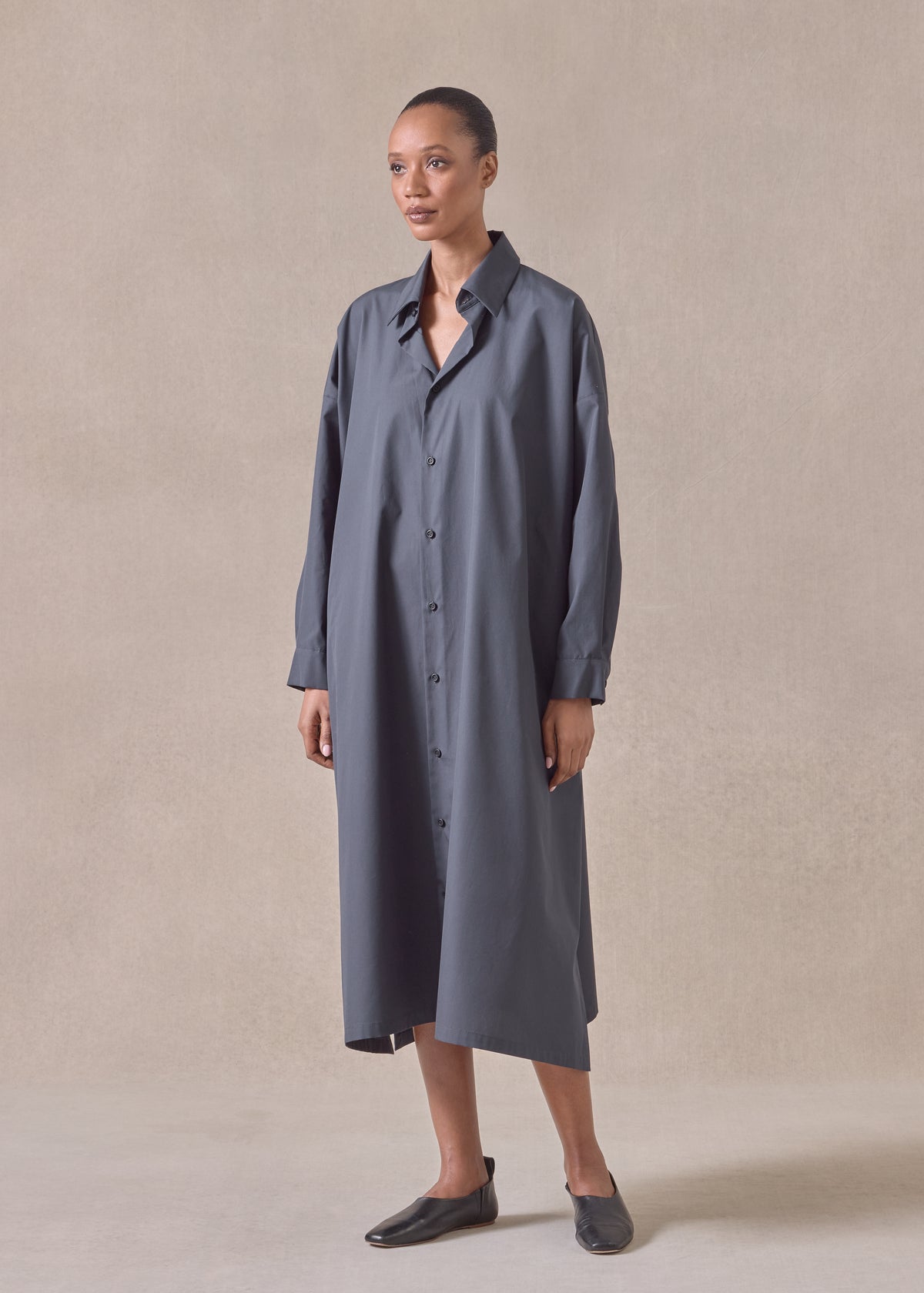 cotton wide a-line shirt dress with collar