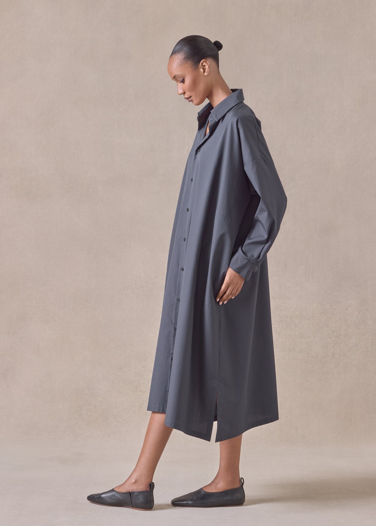 cotton wide a-line shirt dress with collar
