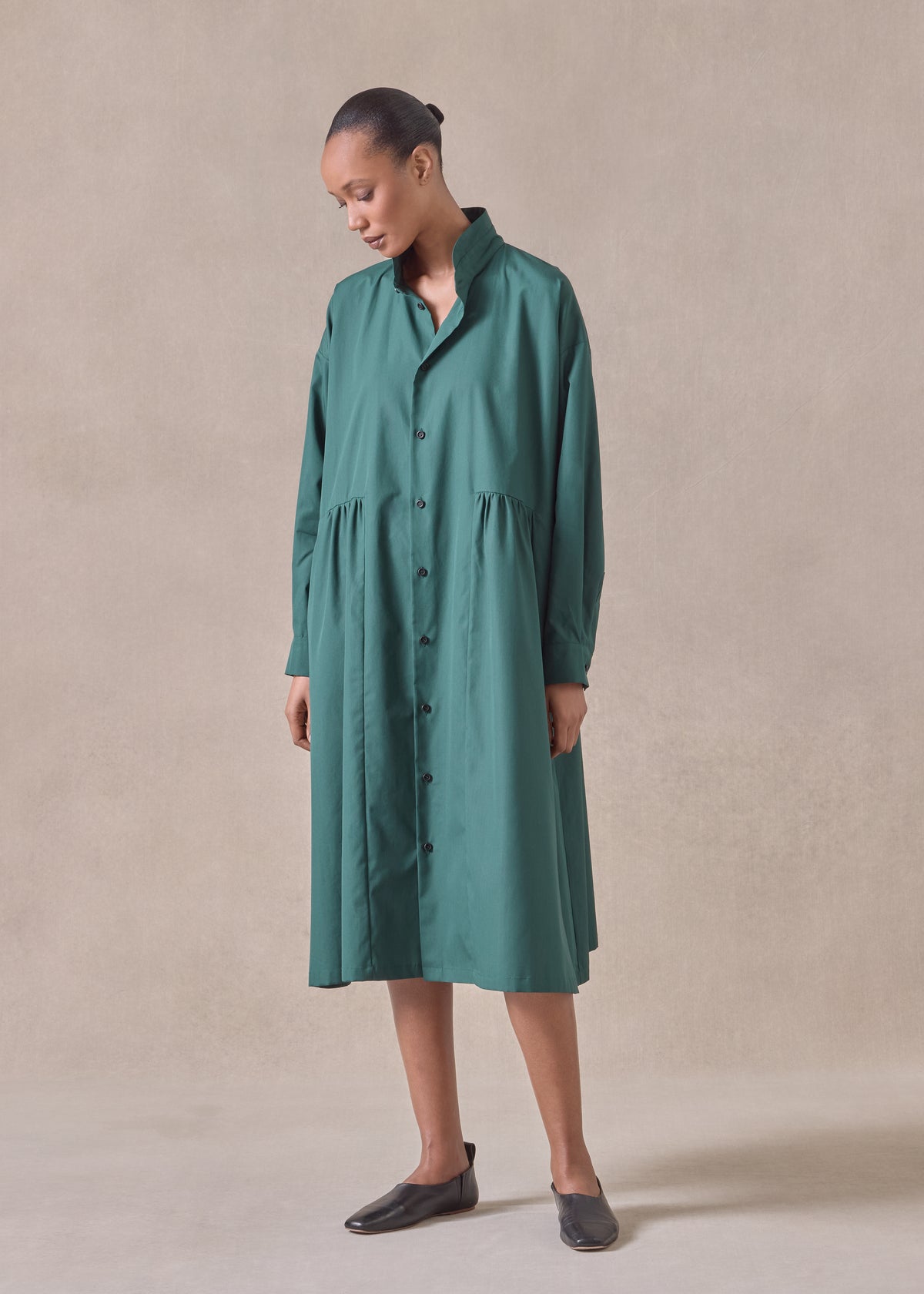 cotton double stand collar shirt dress with pleated layer