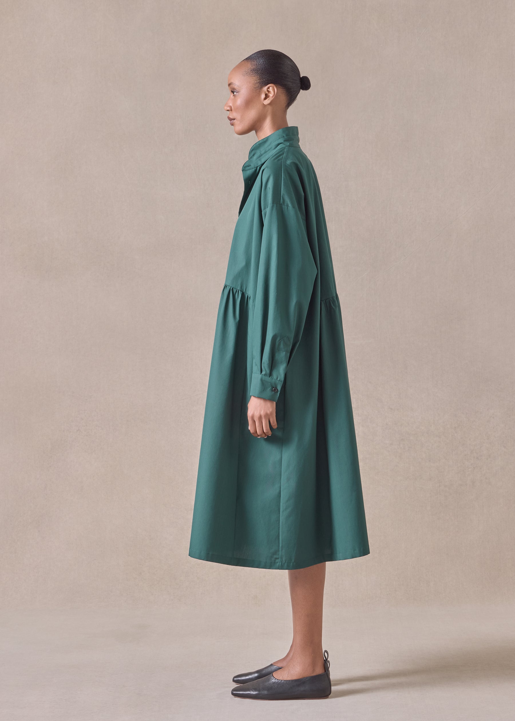 cotton double stand collar shirt dress with pleated layer
