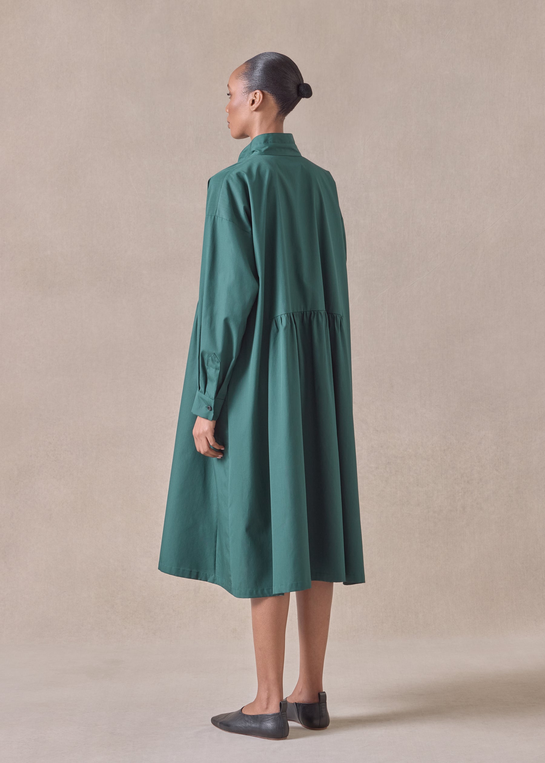 cotton double stand collar shirt dress with pleated layer