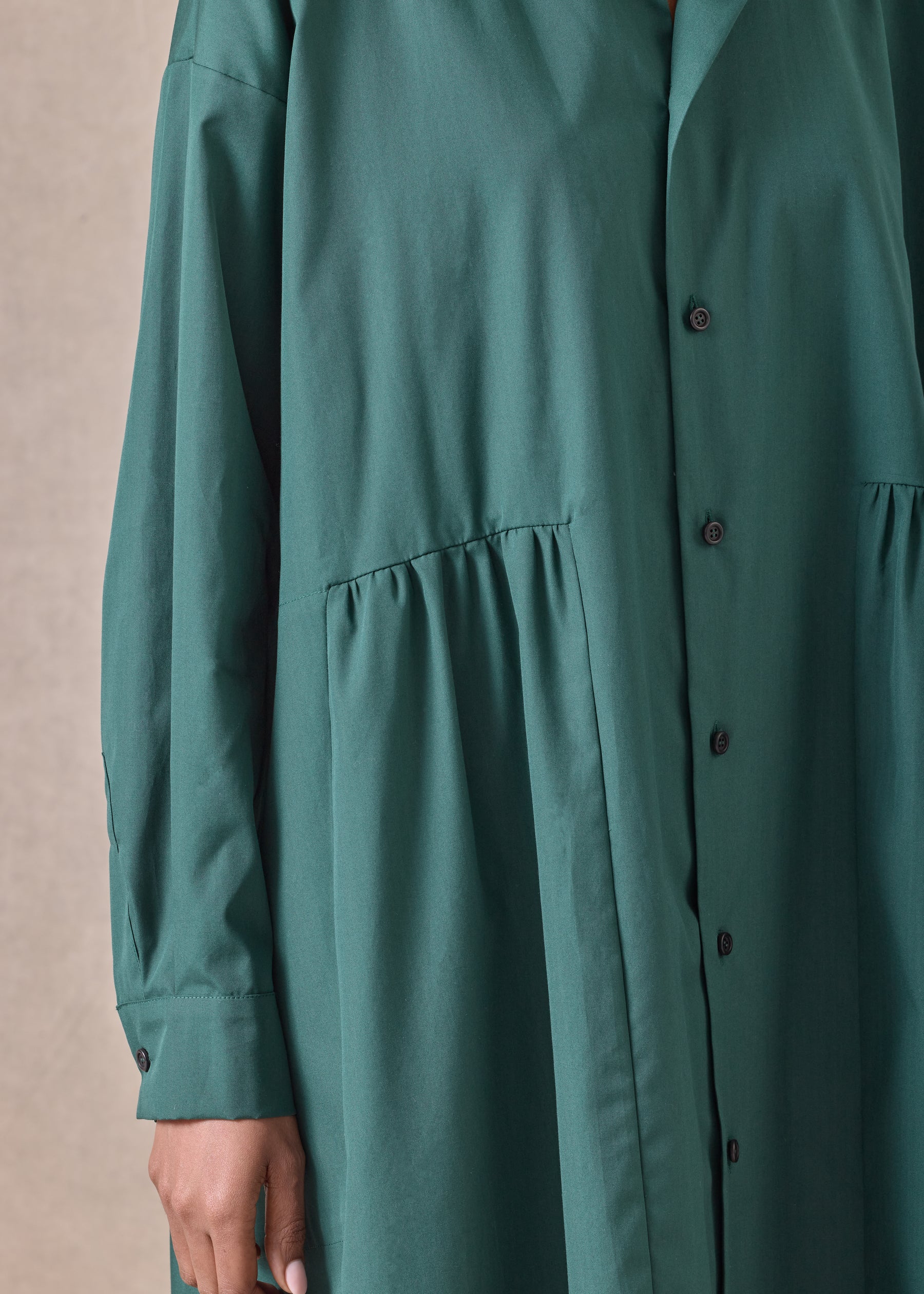 cotton double stand collar shirt dress with pleated layer