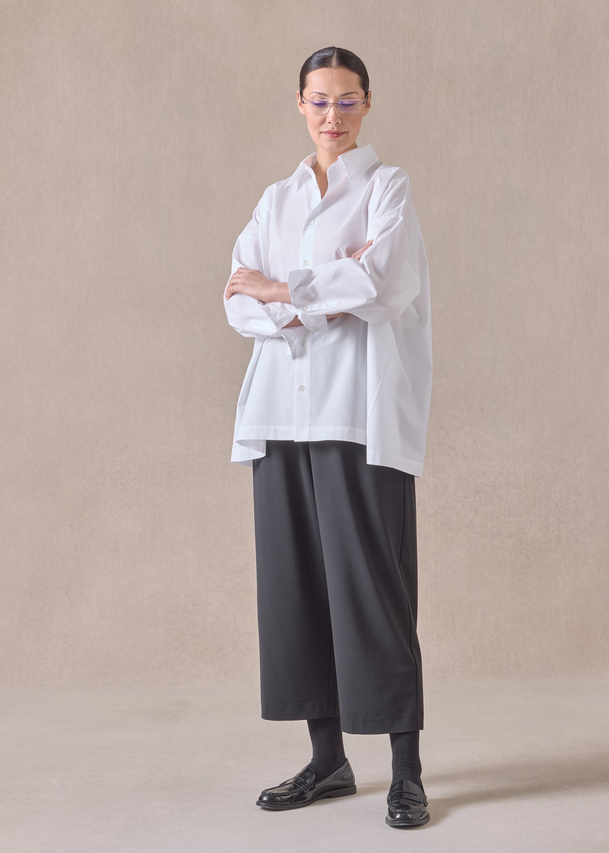 cotton angle to front side seam shirt with collar - long