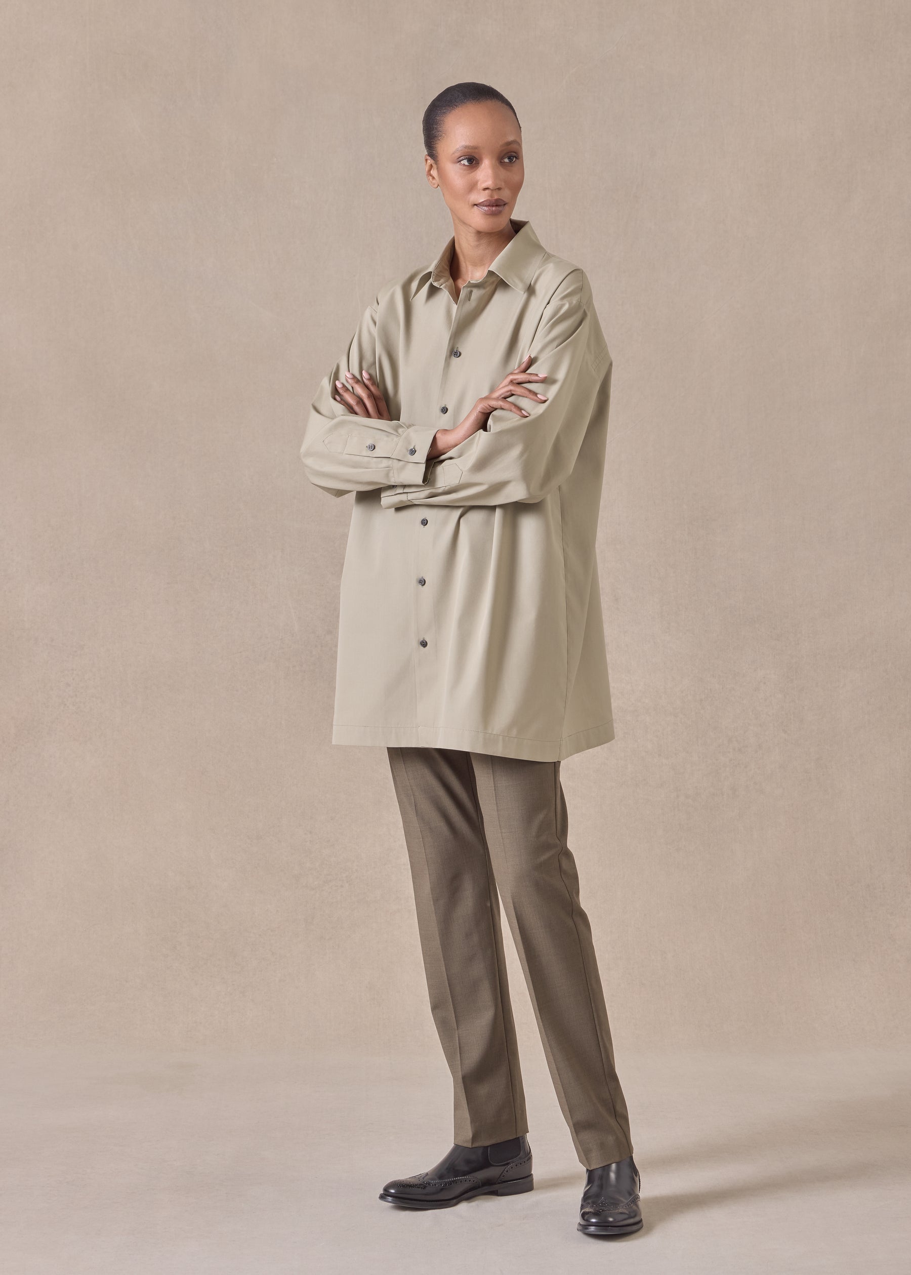 cotton slim a-line back pleat shirt with collar - long plus