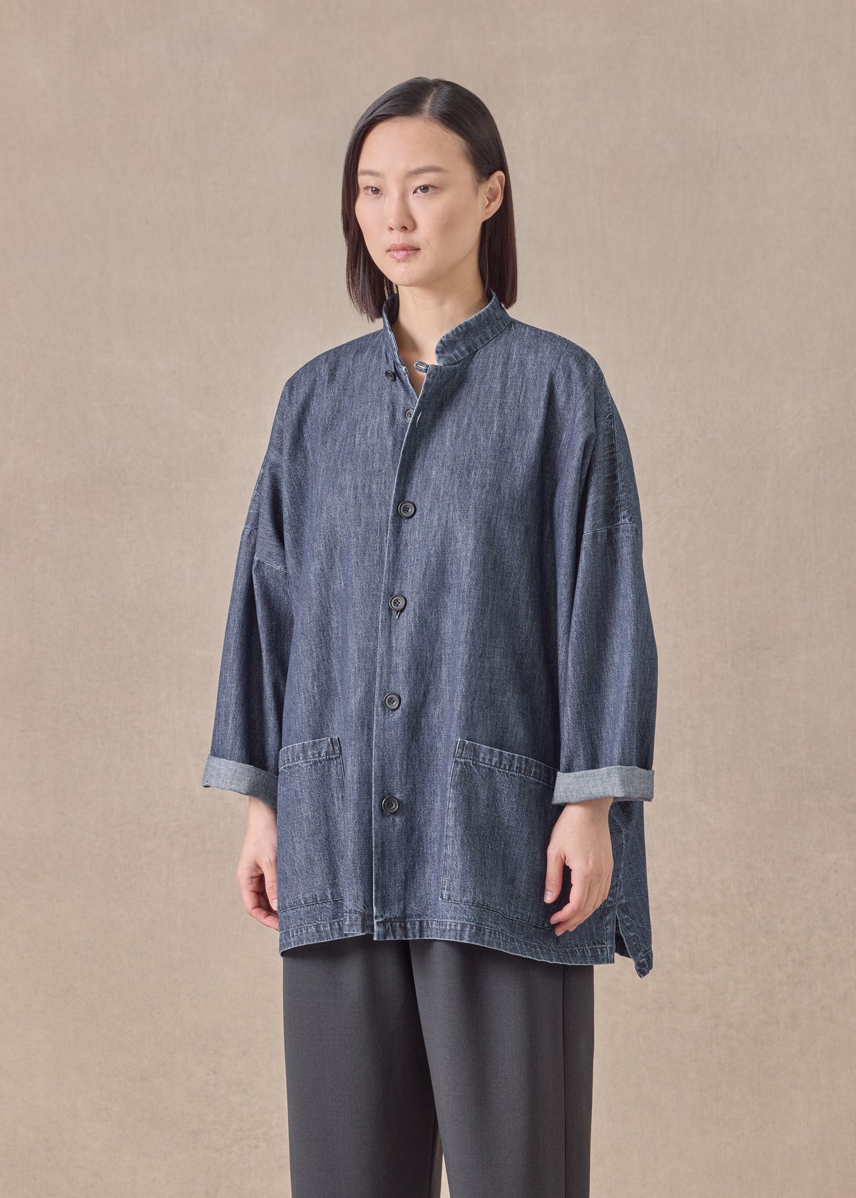 cotton denim wide longer back mandarin jacket - long