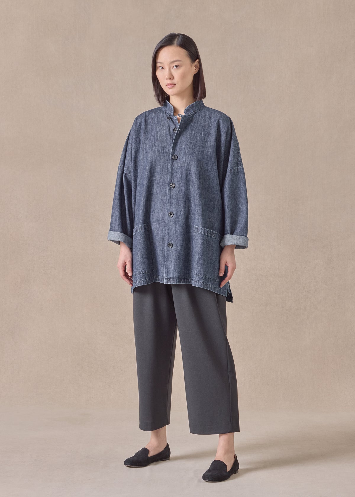 cotton denim wide longer back mandarin jacket - long