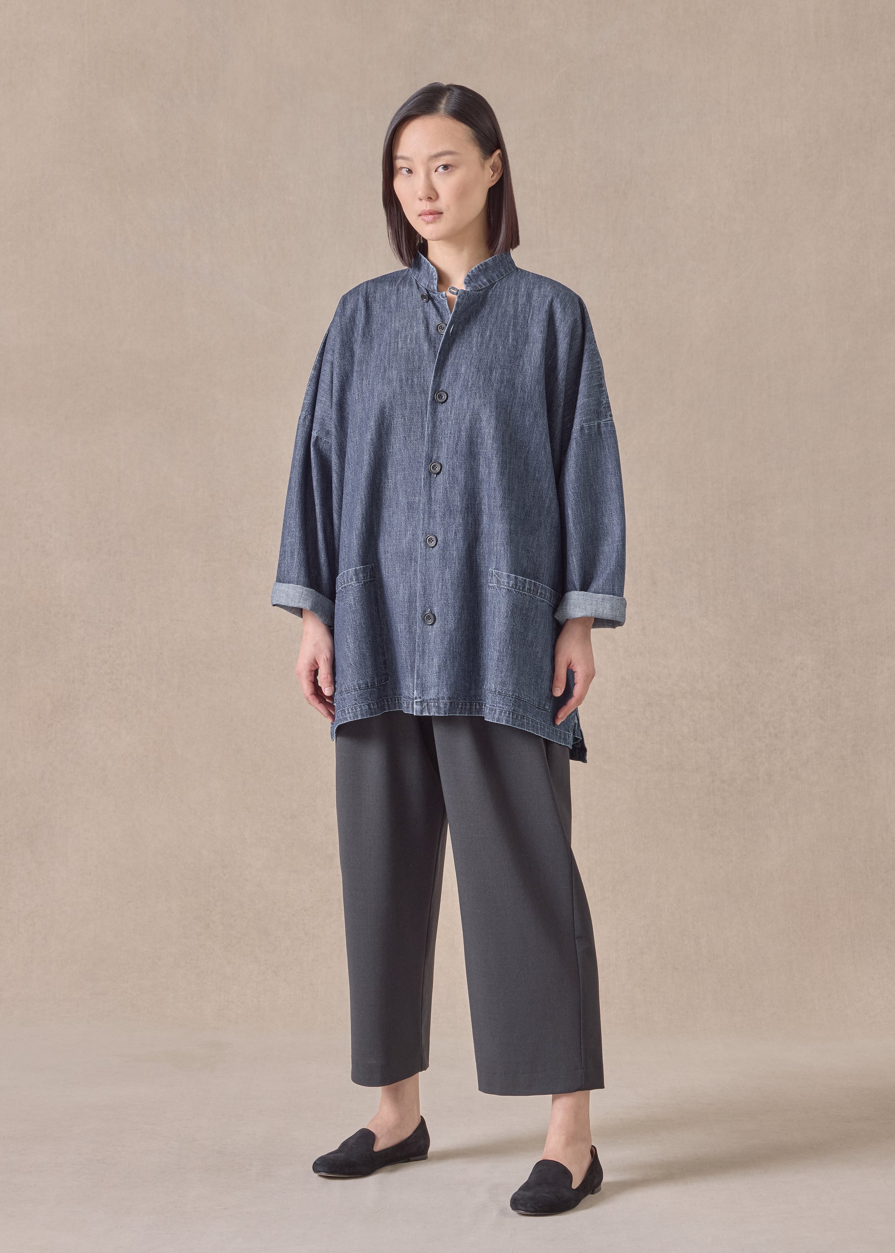 cotton wide longer back mandarin jacket - long