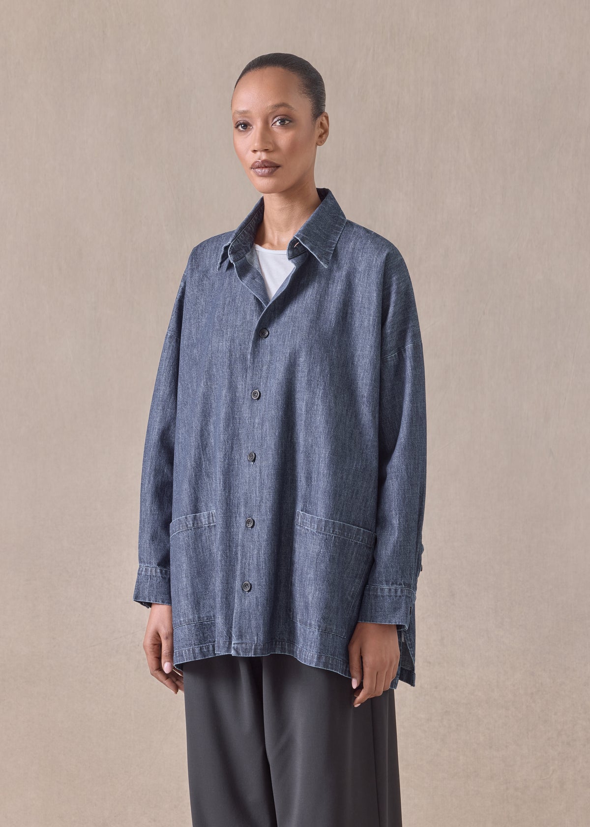 cotton denim wide a-line shirt jacket with collar - long