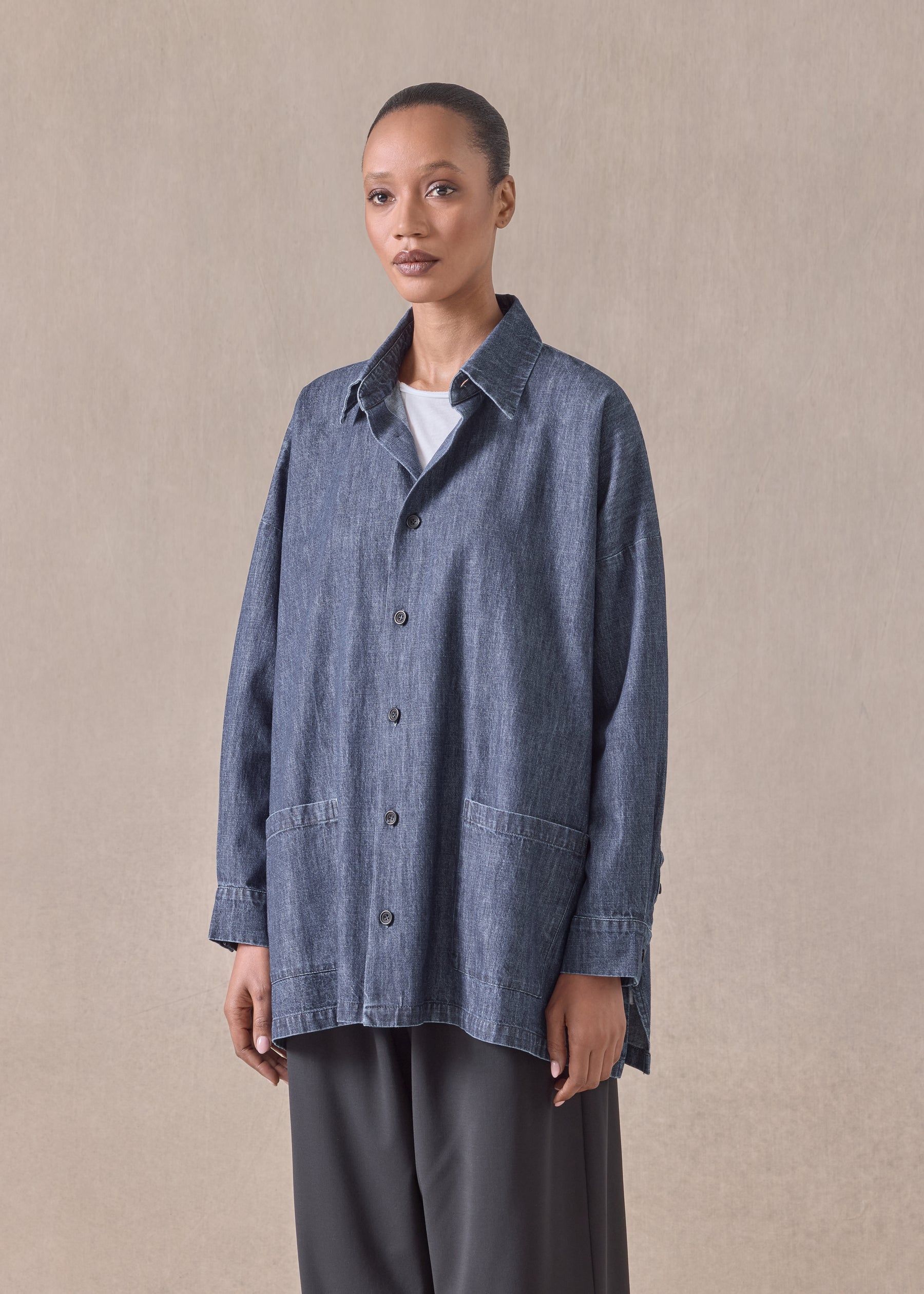 cotton wide a-line shirt jacket with collar - long
