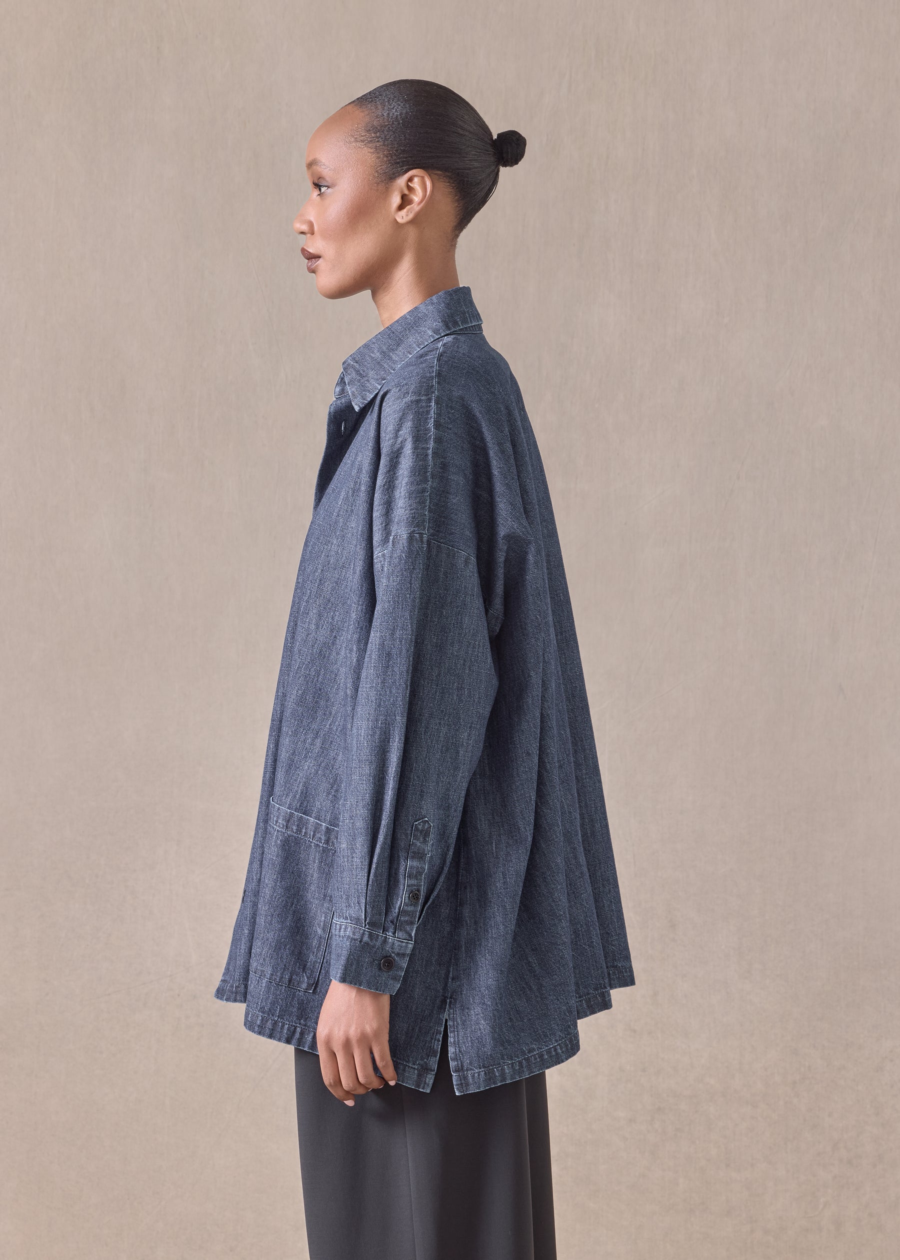 cotton wide a-line shirt jacket with collar - long