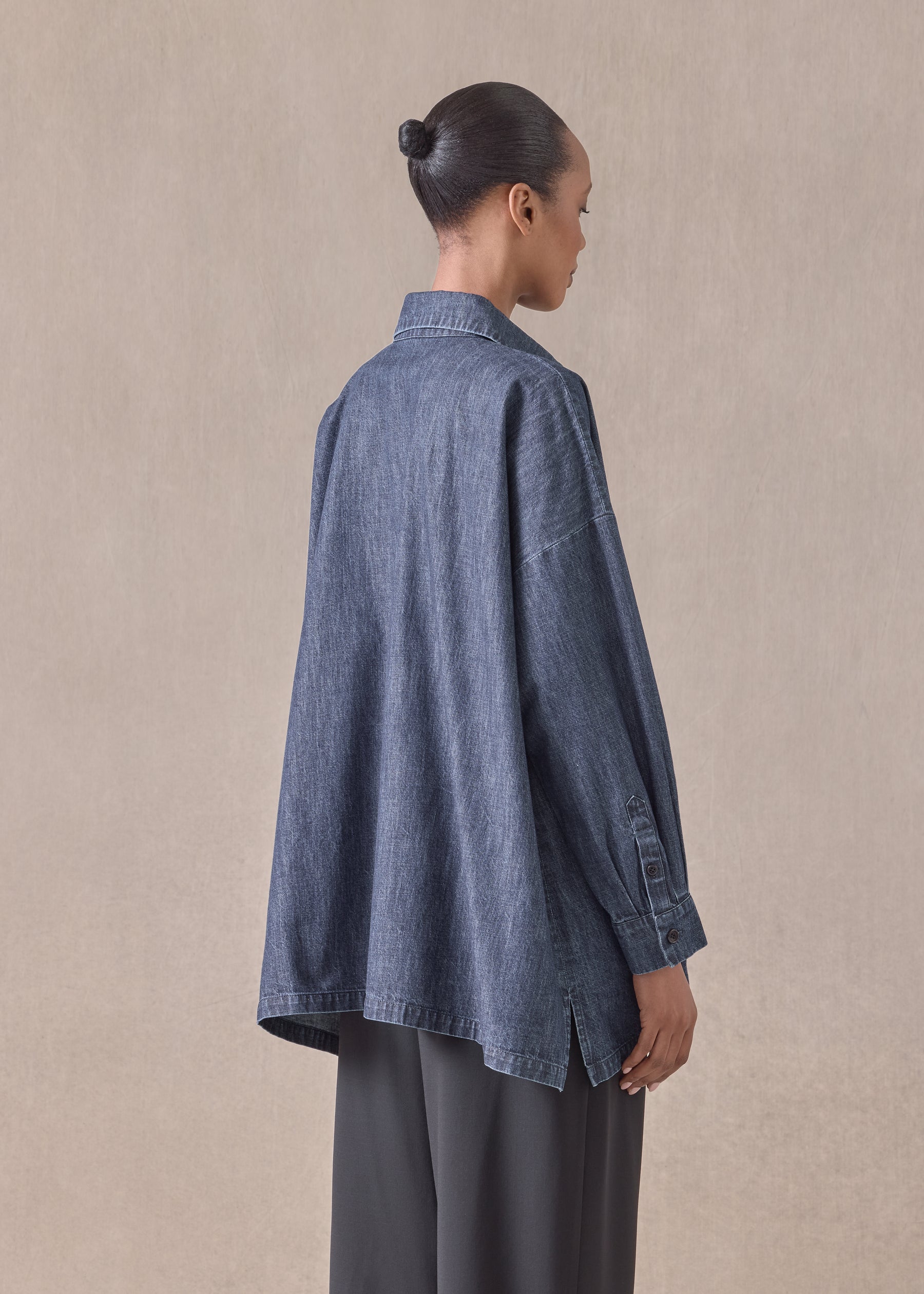 cotton wide a-line shirt jacket with collar - long