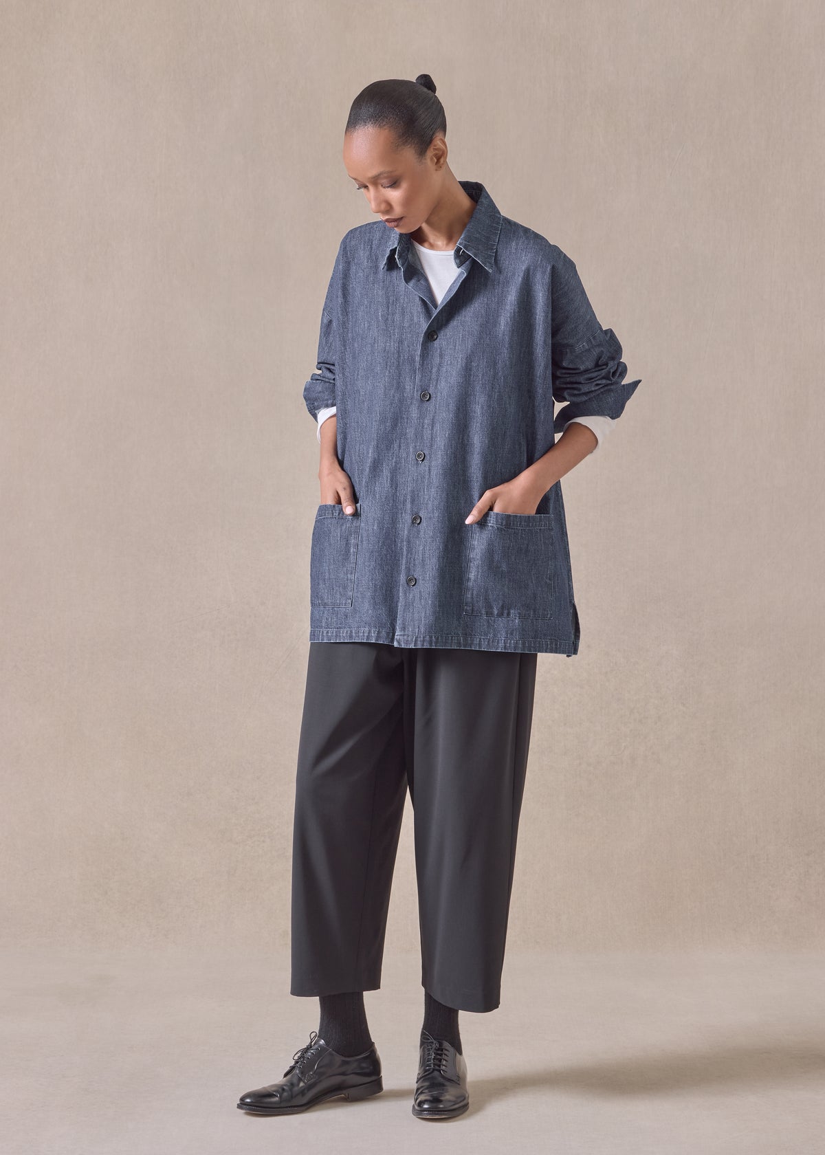 cotton denim wide a-line shirt jacket with collar - long