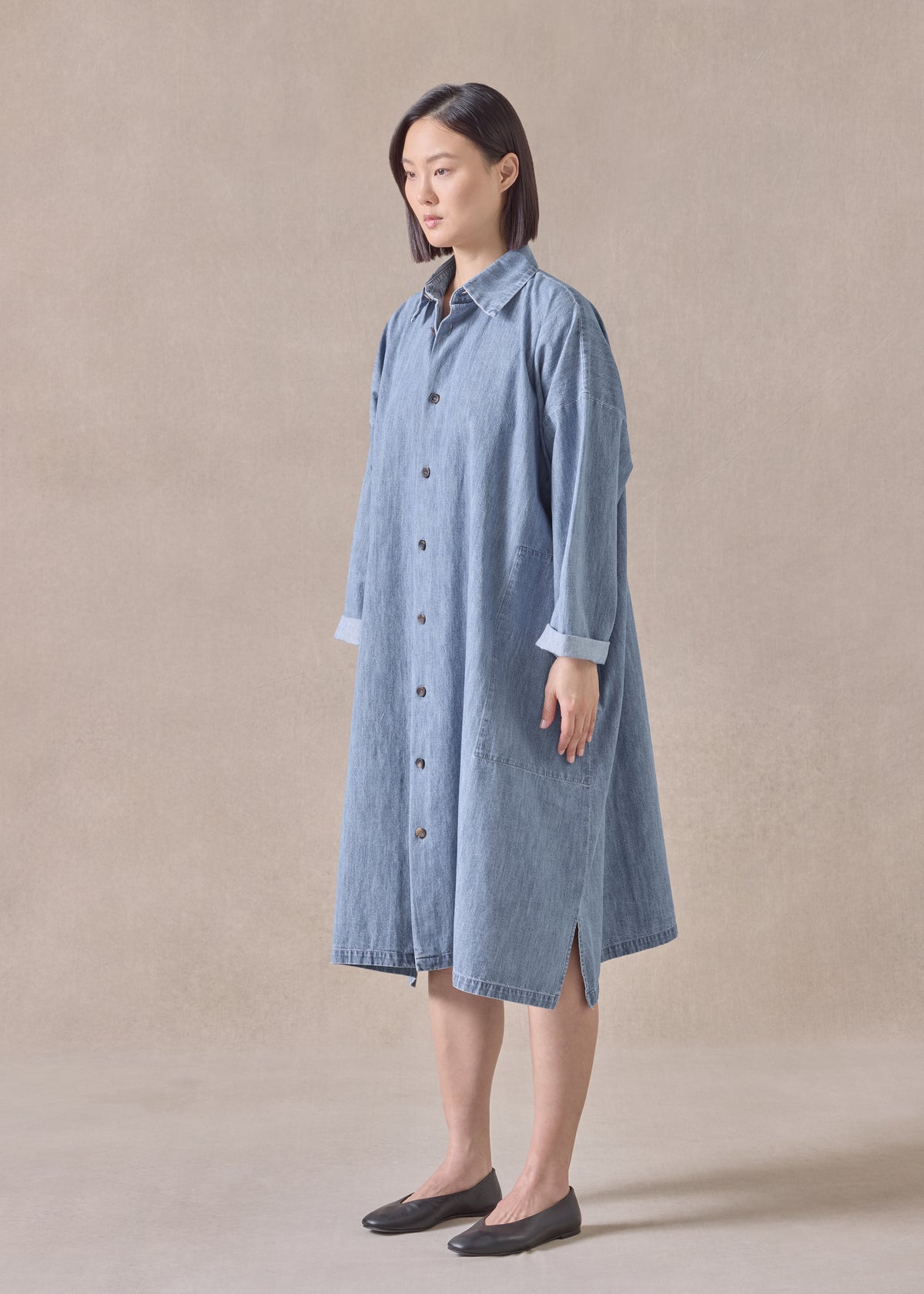 cotton denim wide a-line back pleat shirt dress with collar - 3/4 length