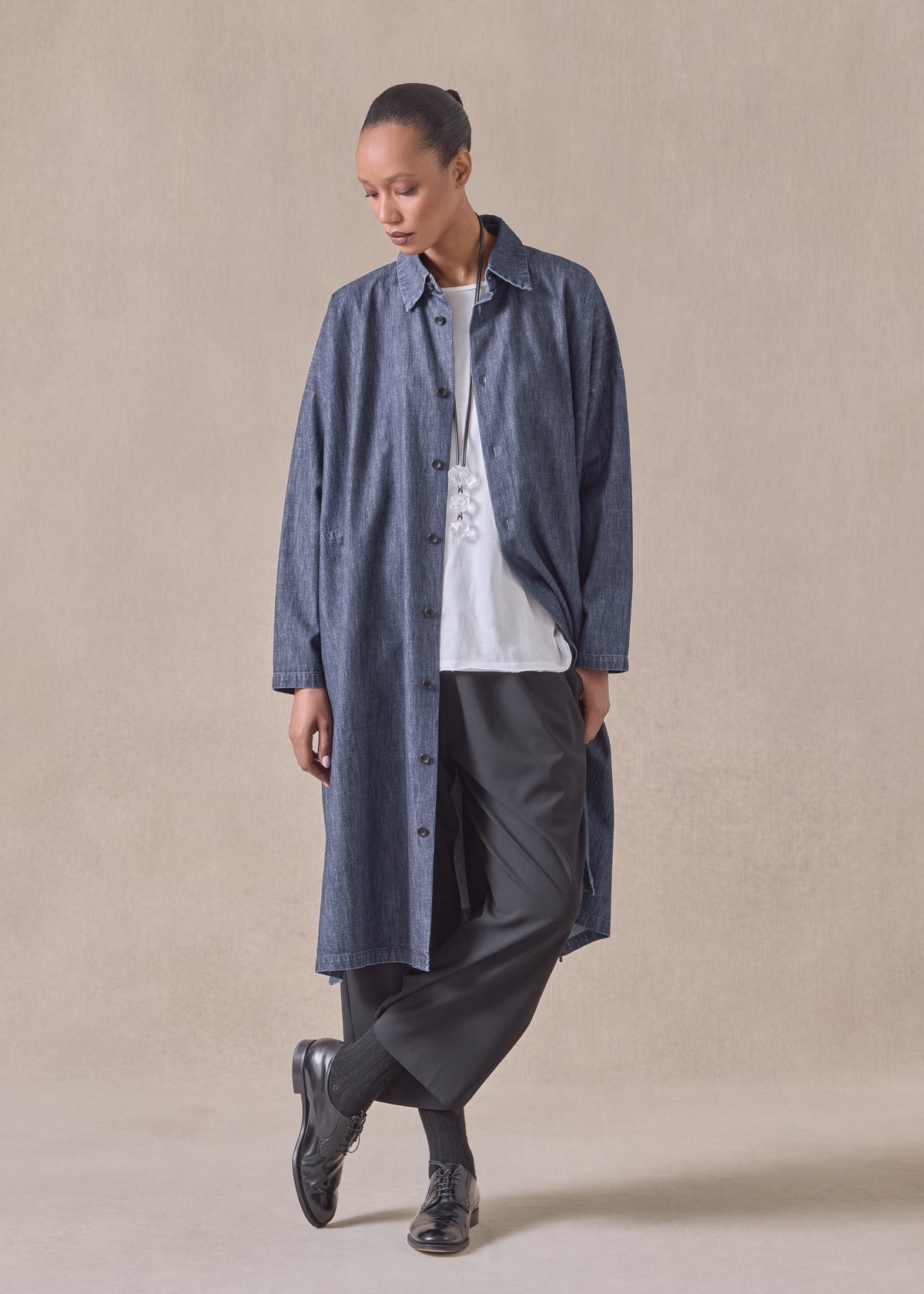 cotton denim wide a-line back pleat shirt dress with collar - 3/4 length