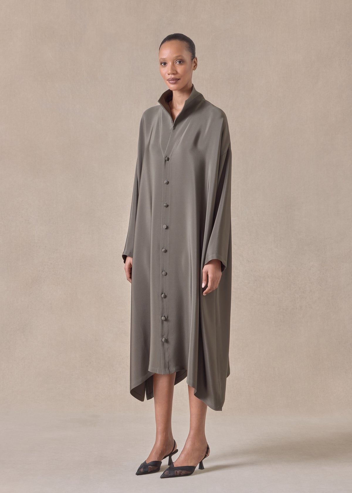 silk wide a-line shirt dress with open standup collar