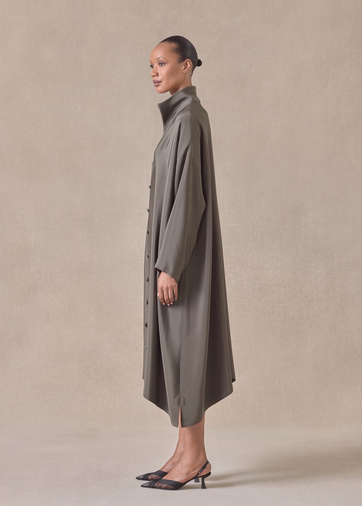 silk wide a-line shirt dress with open standup collar