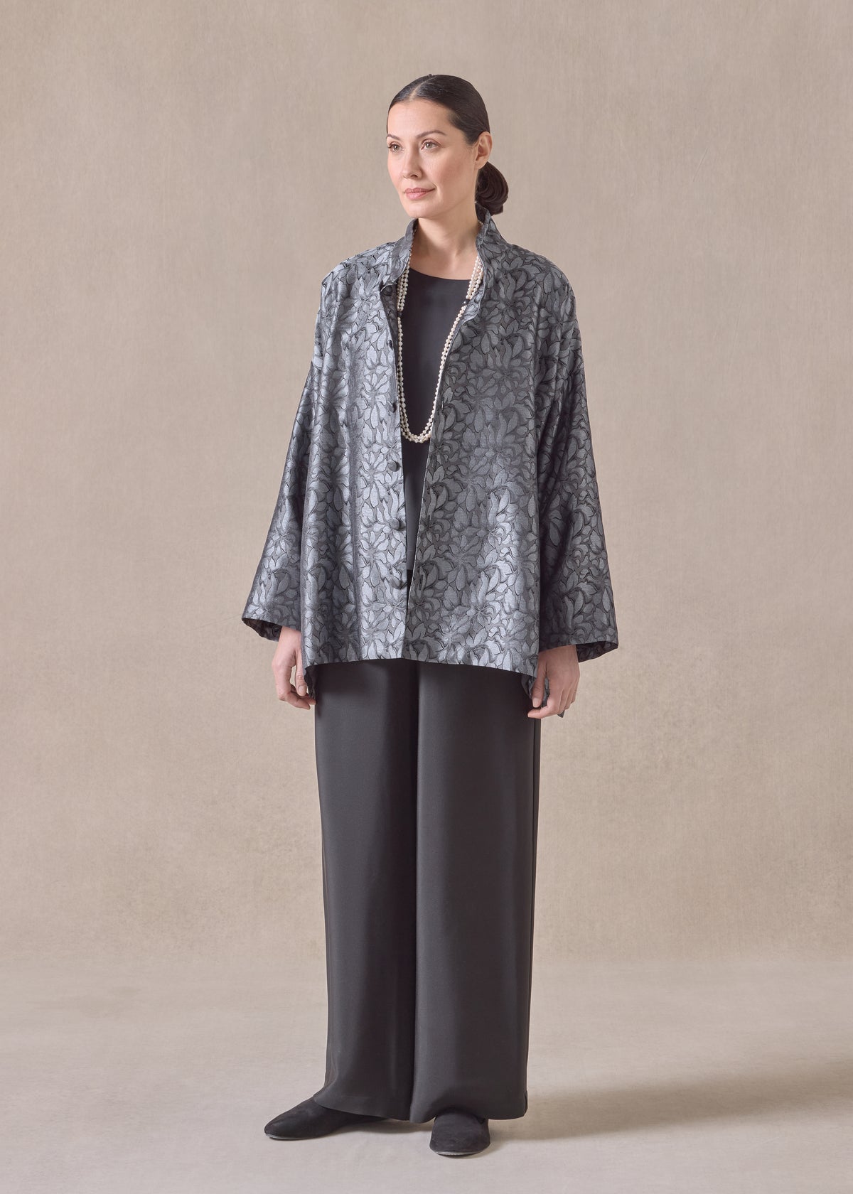 silk wide a-line jacket with chinese collar - long
