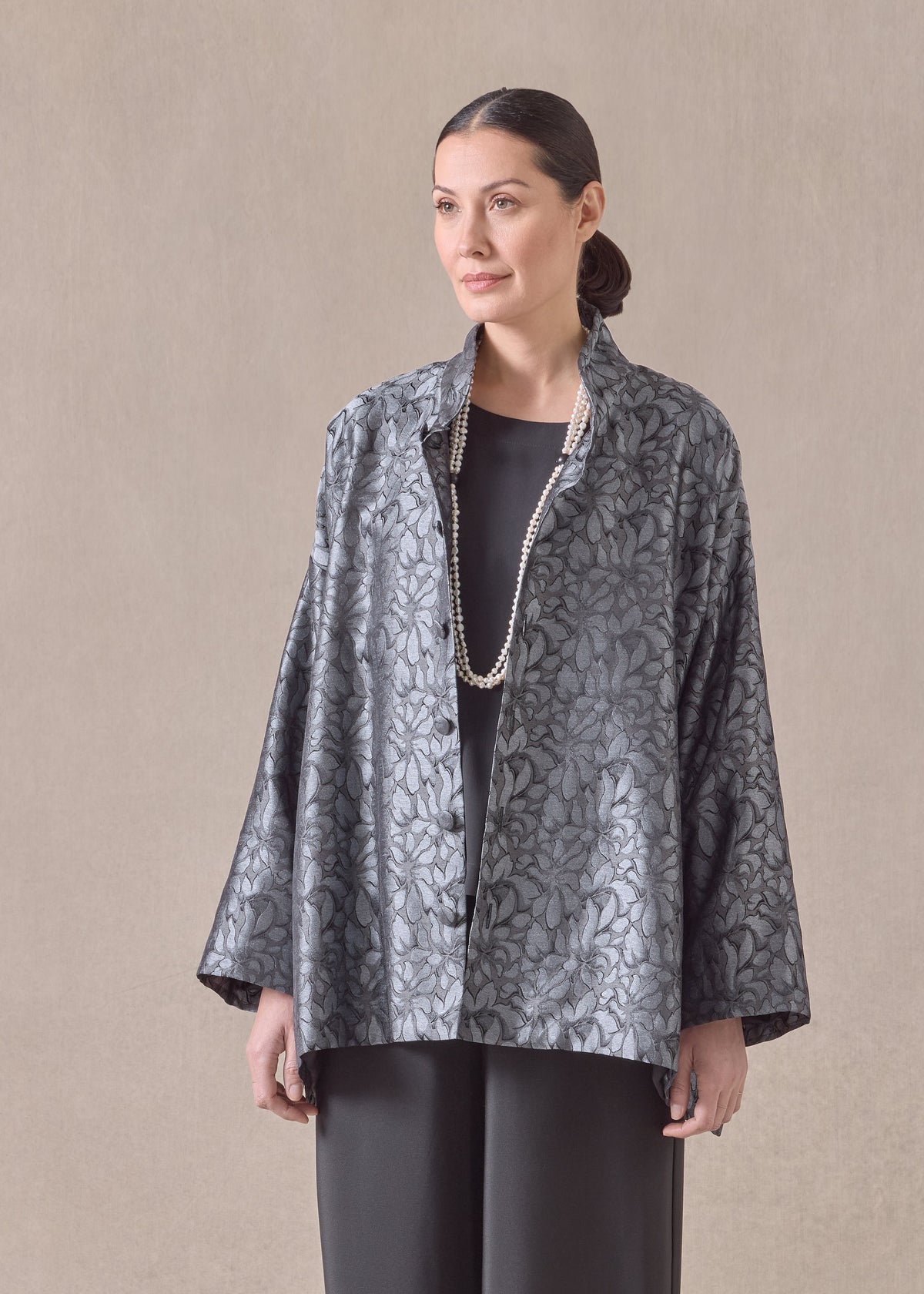 silk wide a-line jacket with chinese collar - long (grey)