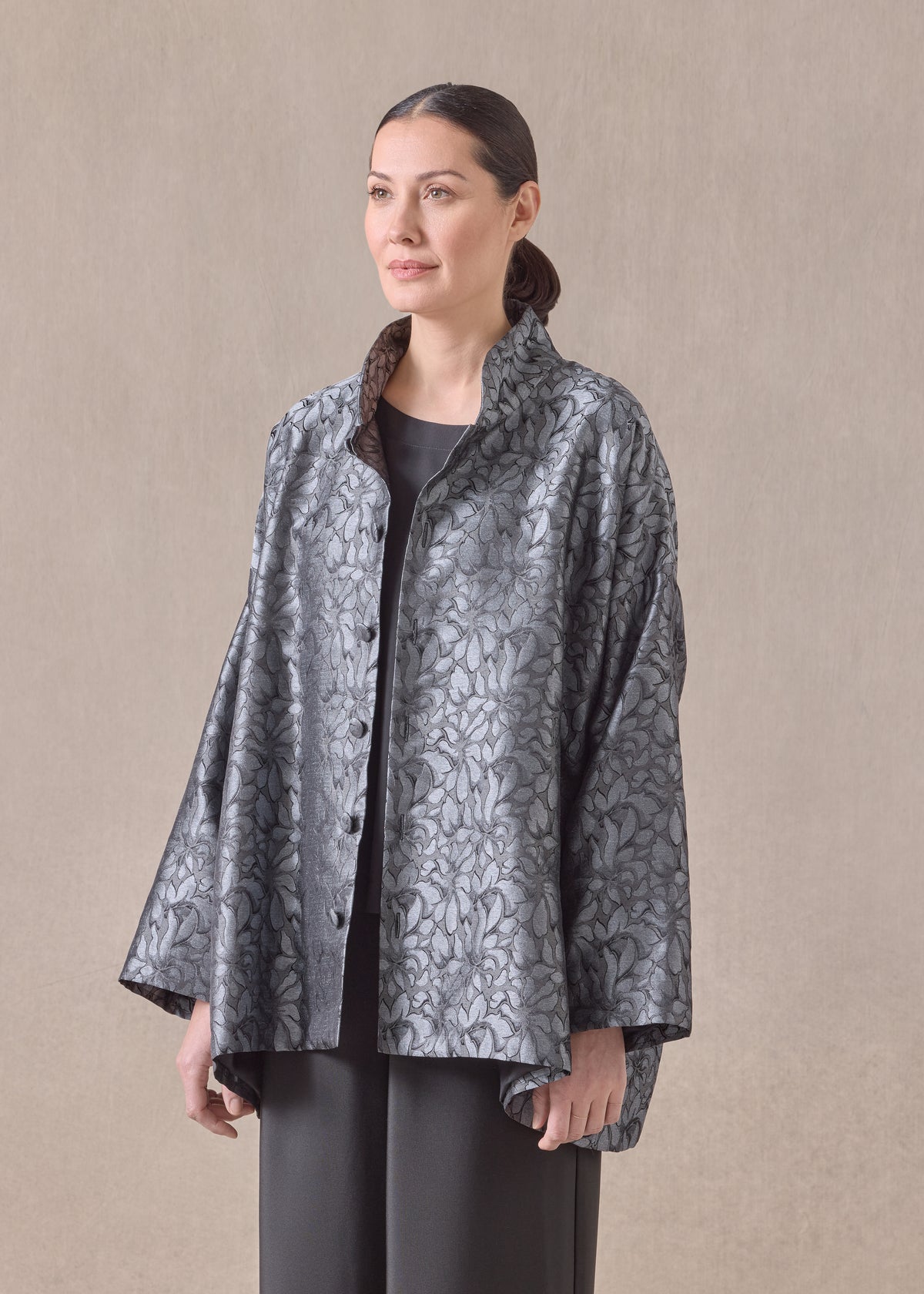 silk wide a-line jacket with chinese collar - long
