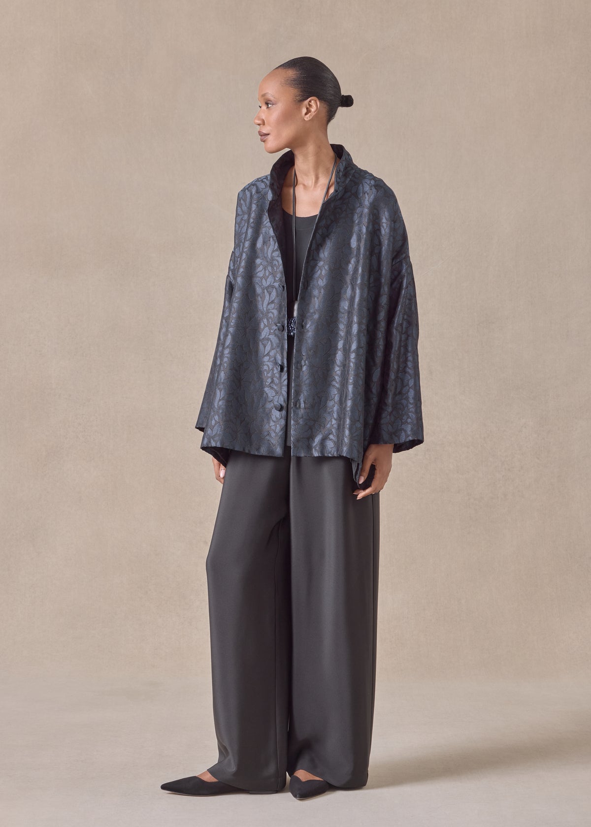 silk wide a-line jacket with chinese collar - long