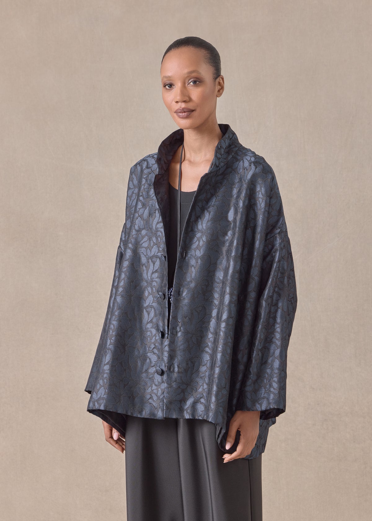 silk wide a-line jacket with chinese collar - long