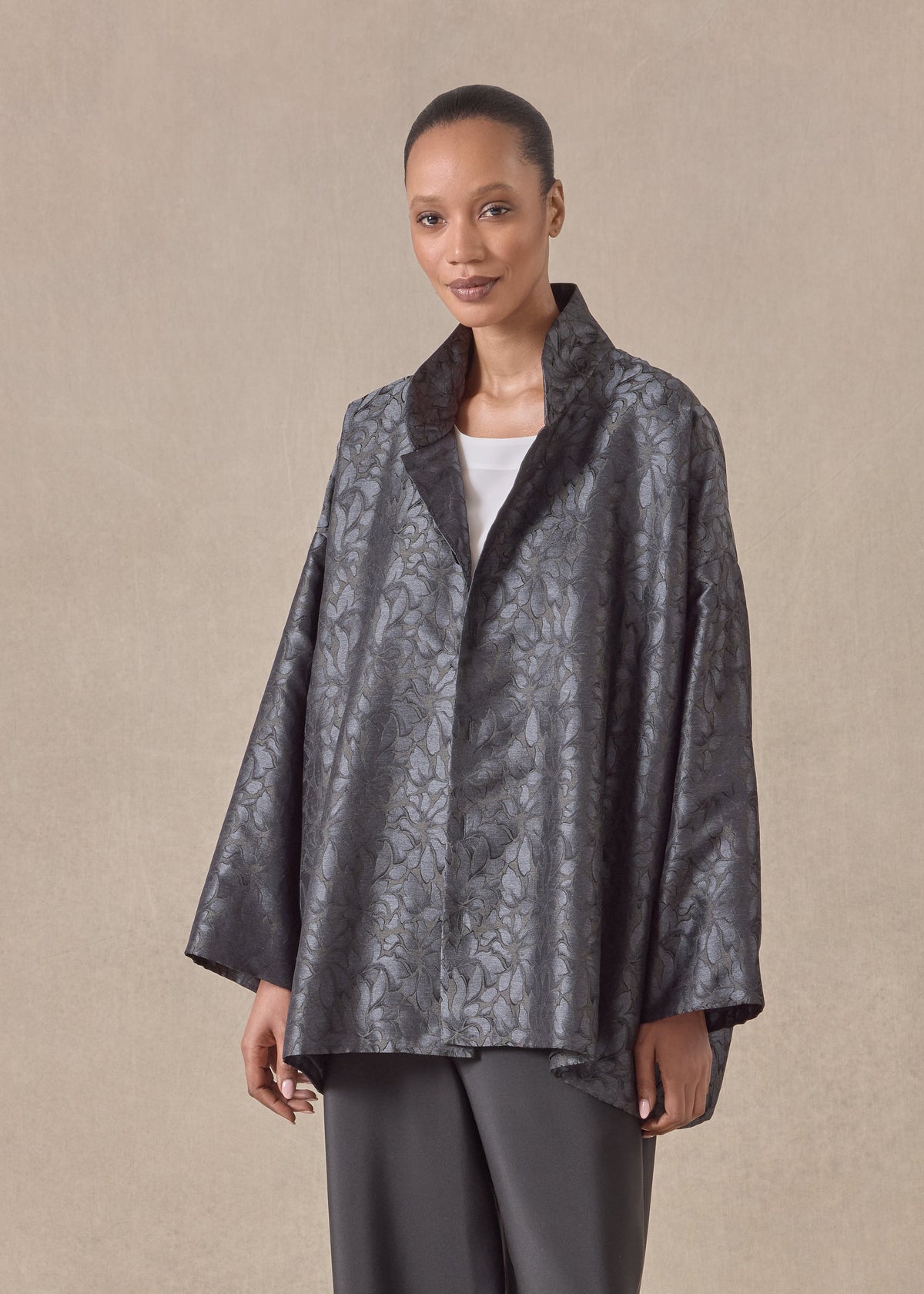 silk wide a-line jacket with chinese collar - long (olive)