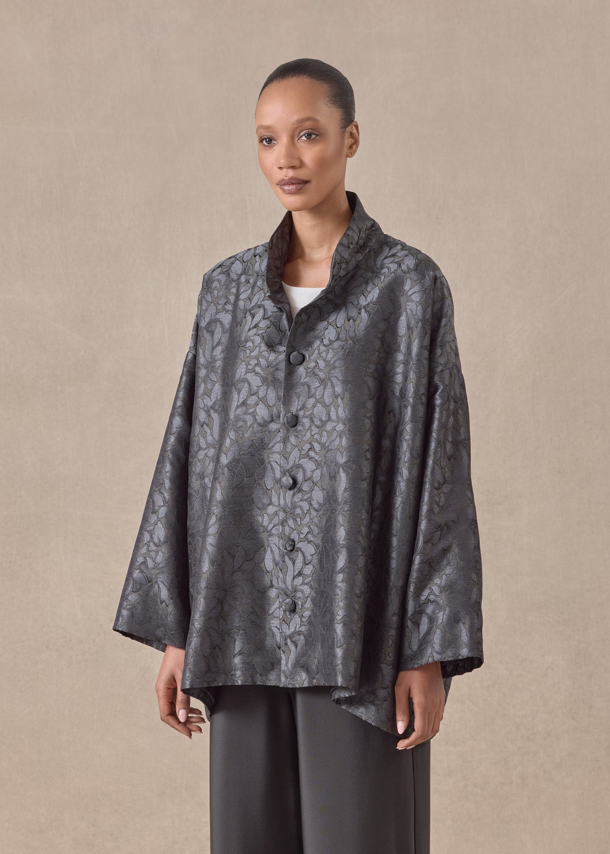silk wide a-line jacket with chinese collar - long