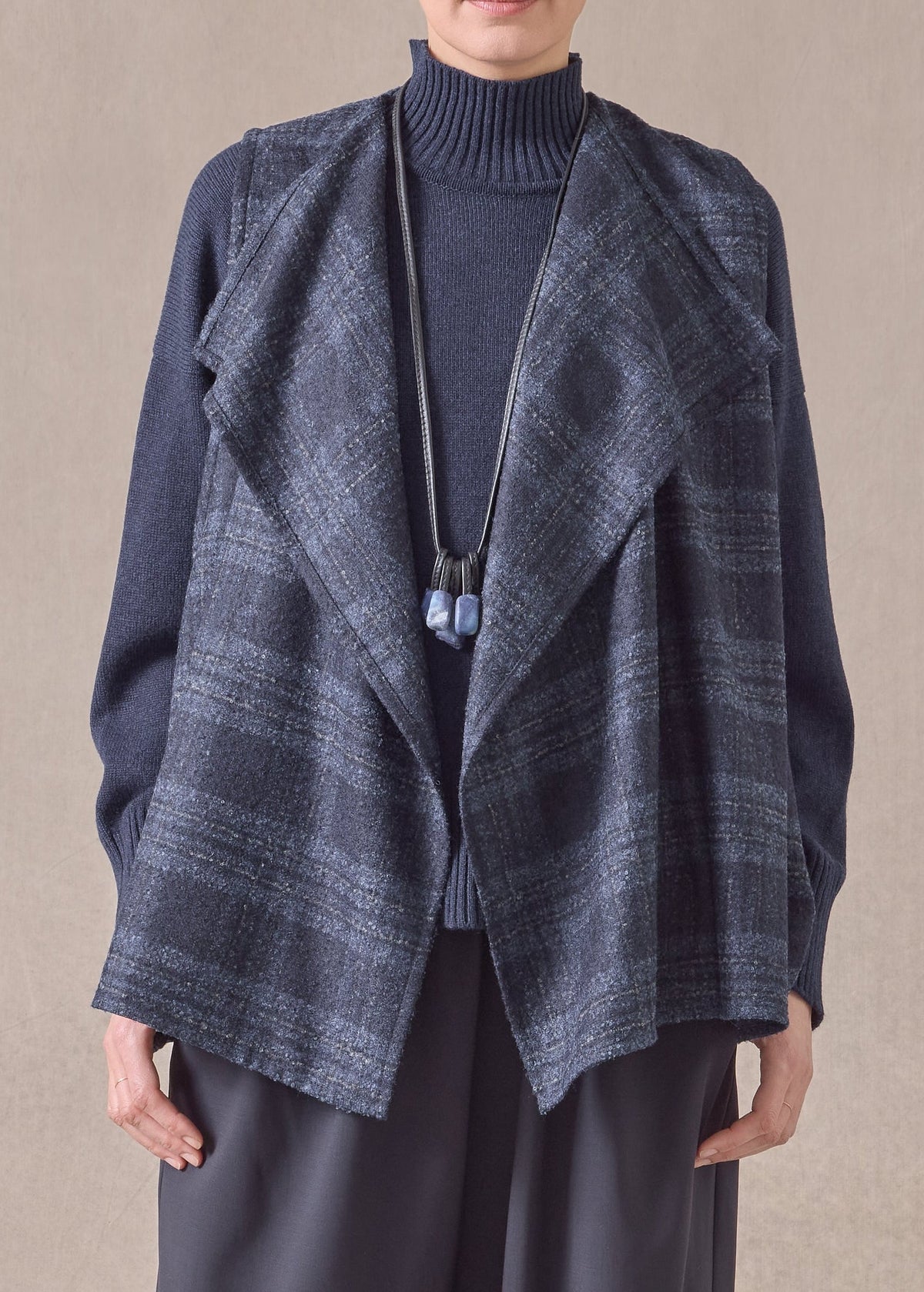 alpaca wool mix a-line drape front waistcoat - mid plus (navy)
