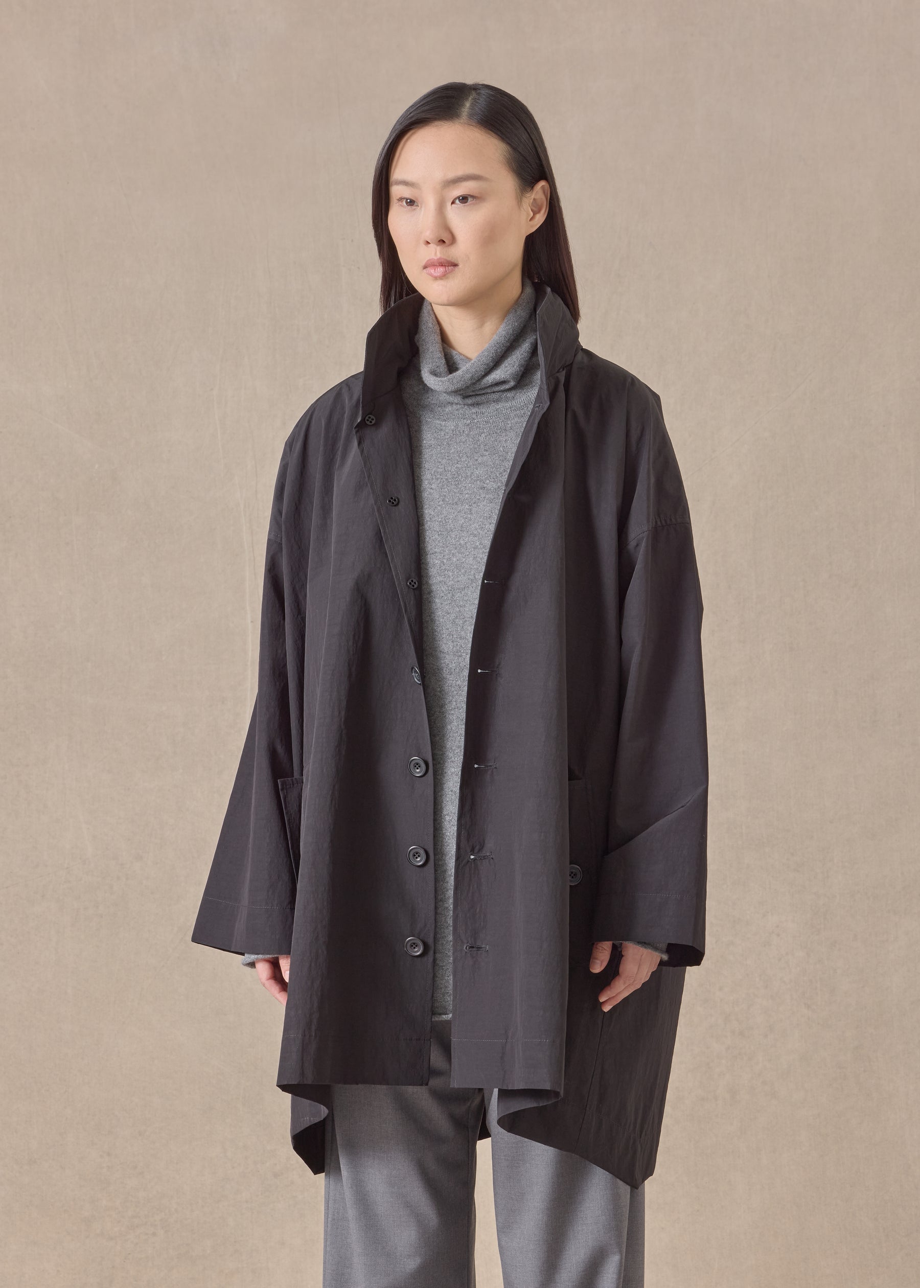 cotton mix smaller front larger back high neck coat with button away hood - long plus