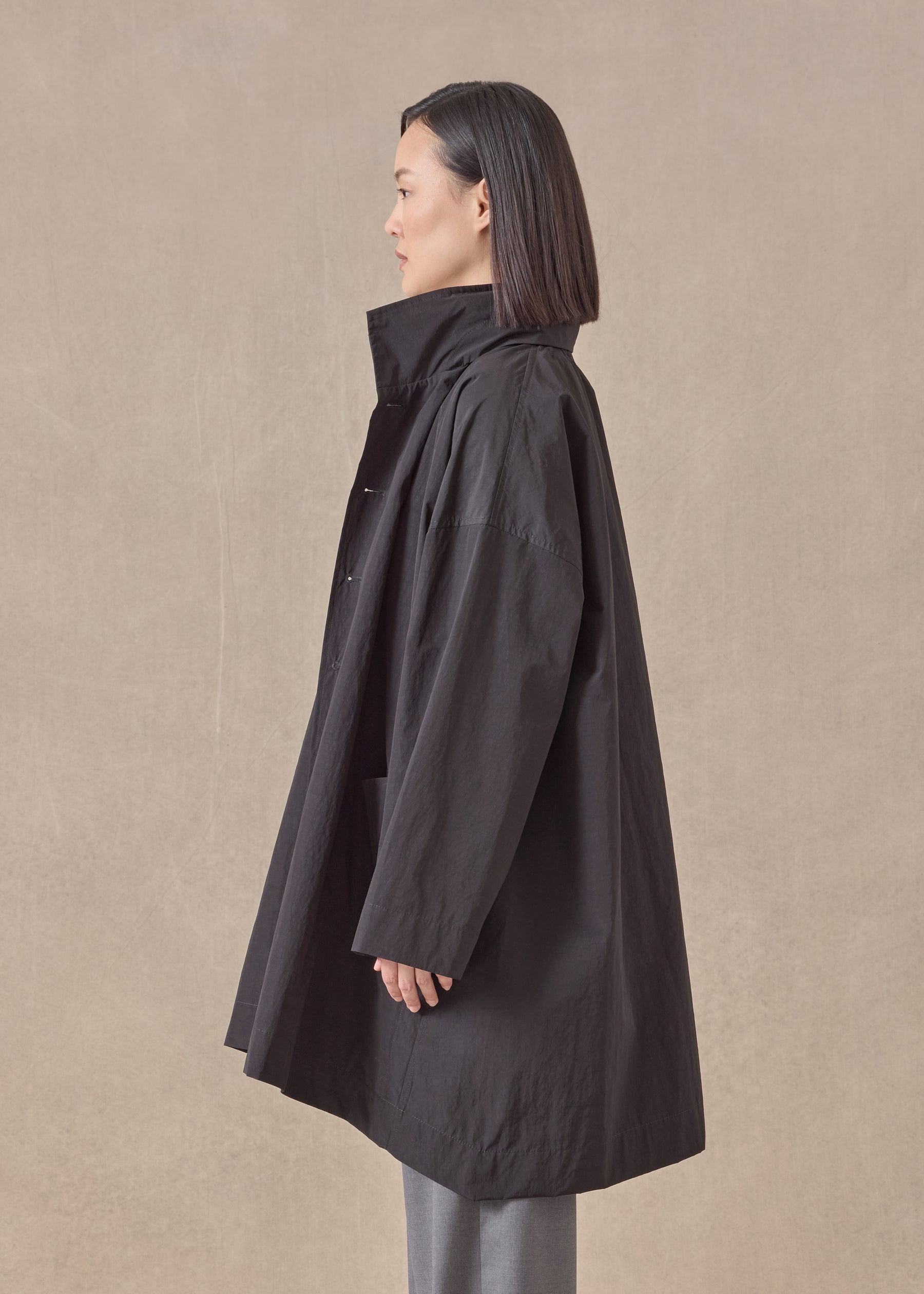 cotton mix smaller front larger back high neck coat with button away hood - long plus