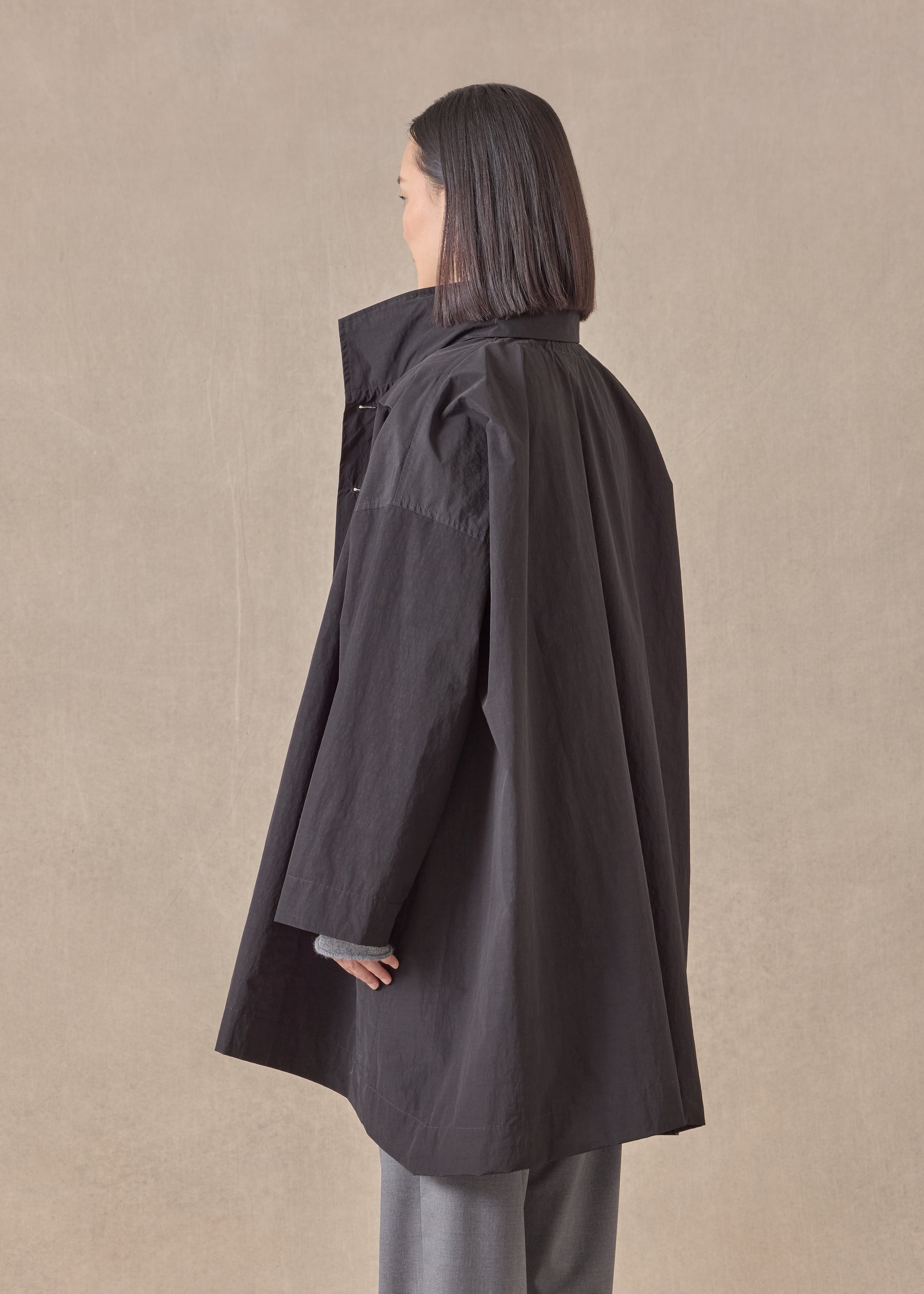 cotton mix smaller front larger back high neck coat with button away hood - long plus