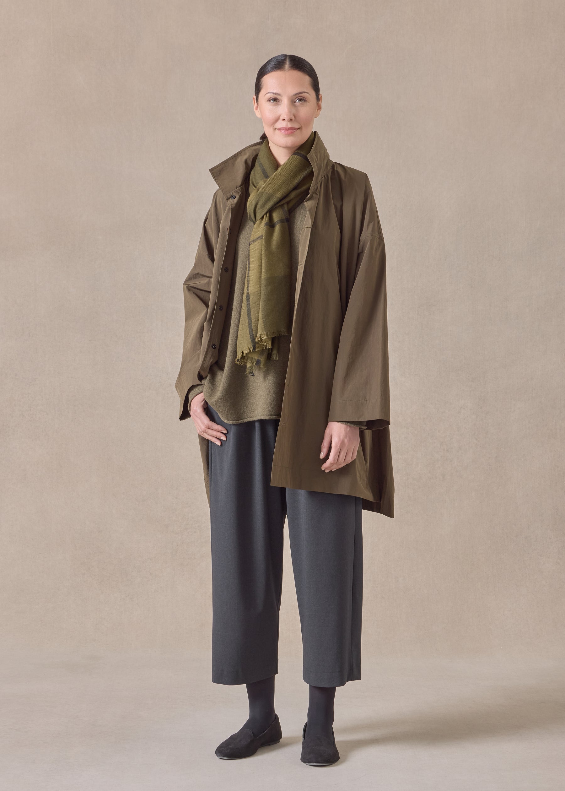 cotton mix smaller front larger back high neck coat with button away hood - long plus