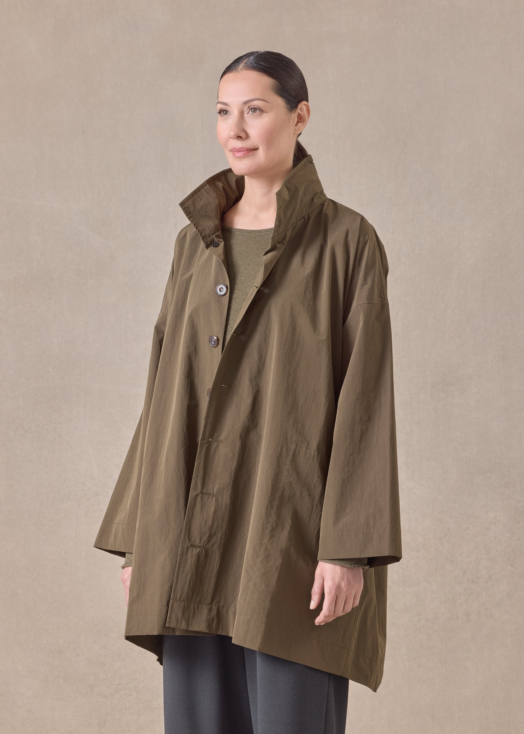 cotton mix smaller front larger back high neck coat with button away hood - long plus