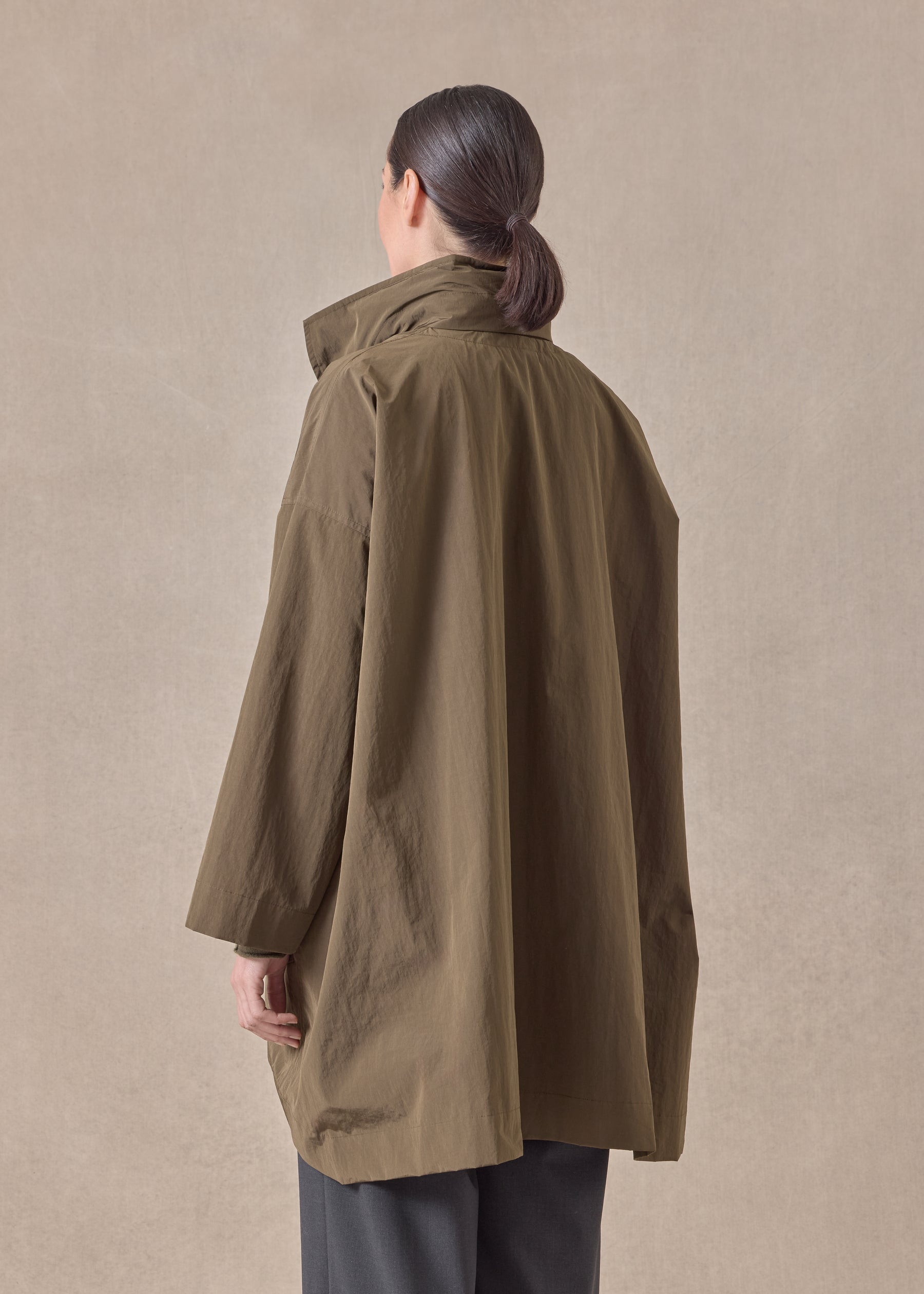cotton mix smaller front larger back high neck coat with button away hood - long plus