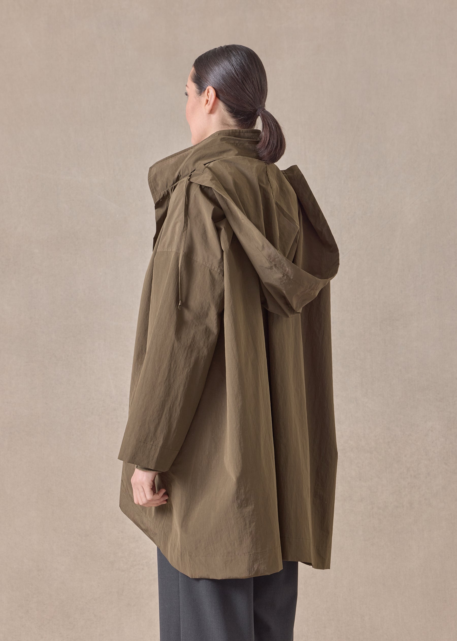 cotton mix smaller front larger back high neck coat with button away hood - long plus