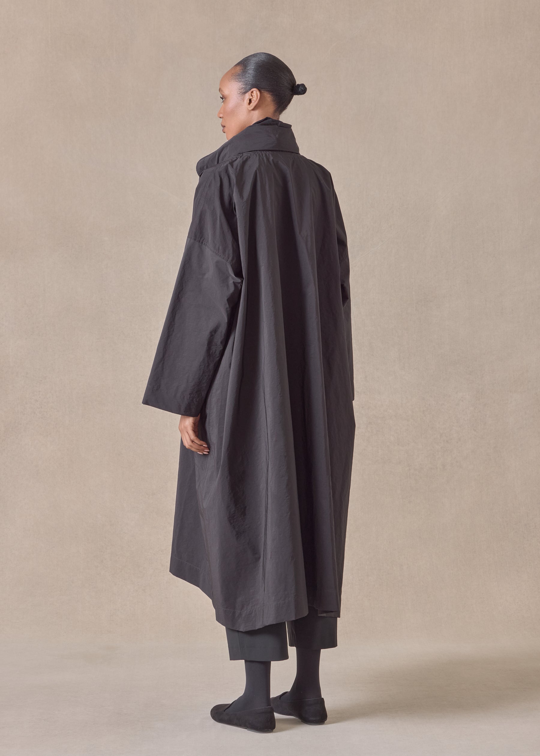 cotton mix smaller front larger back high neck coat with button away hood - full length