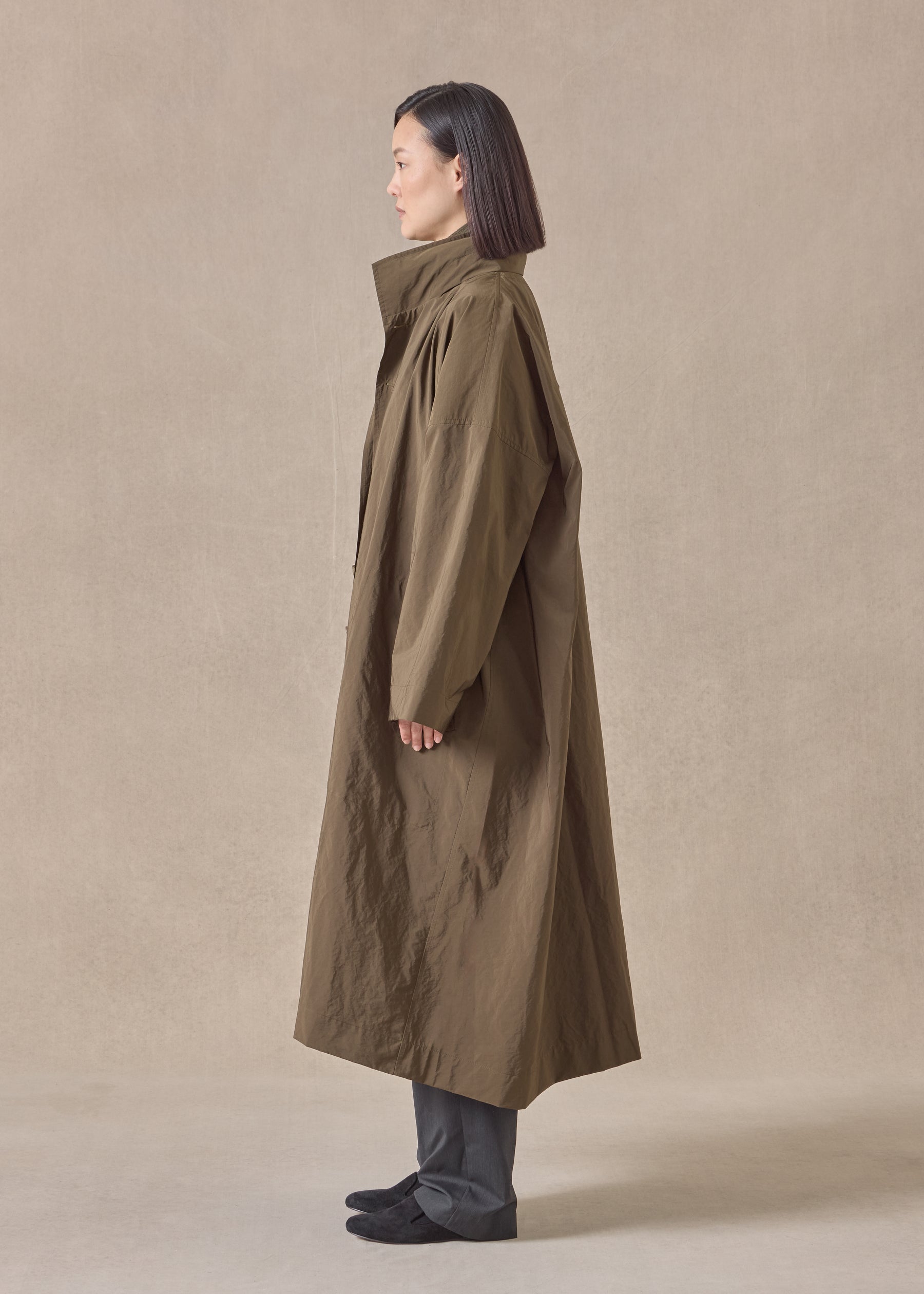 cotton mix smaller front larger back high neck coat with button away hood - full length
