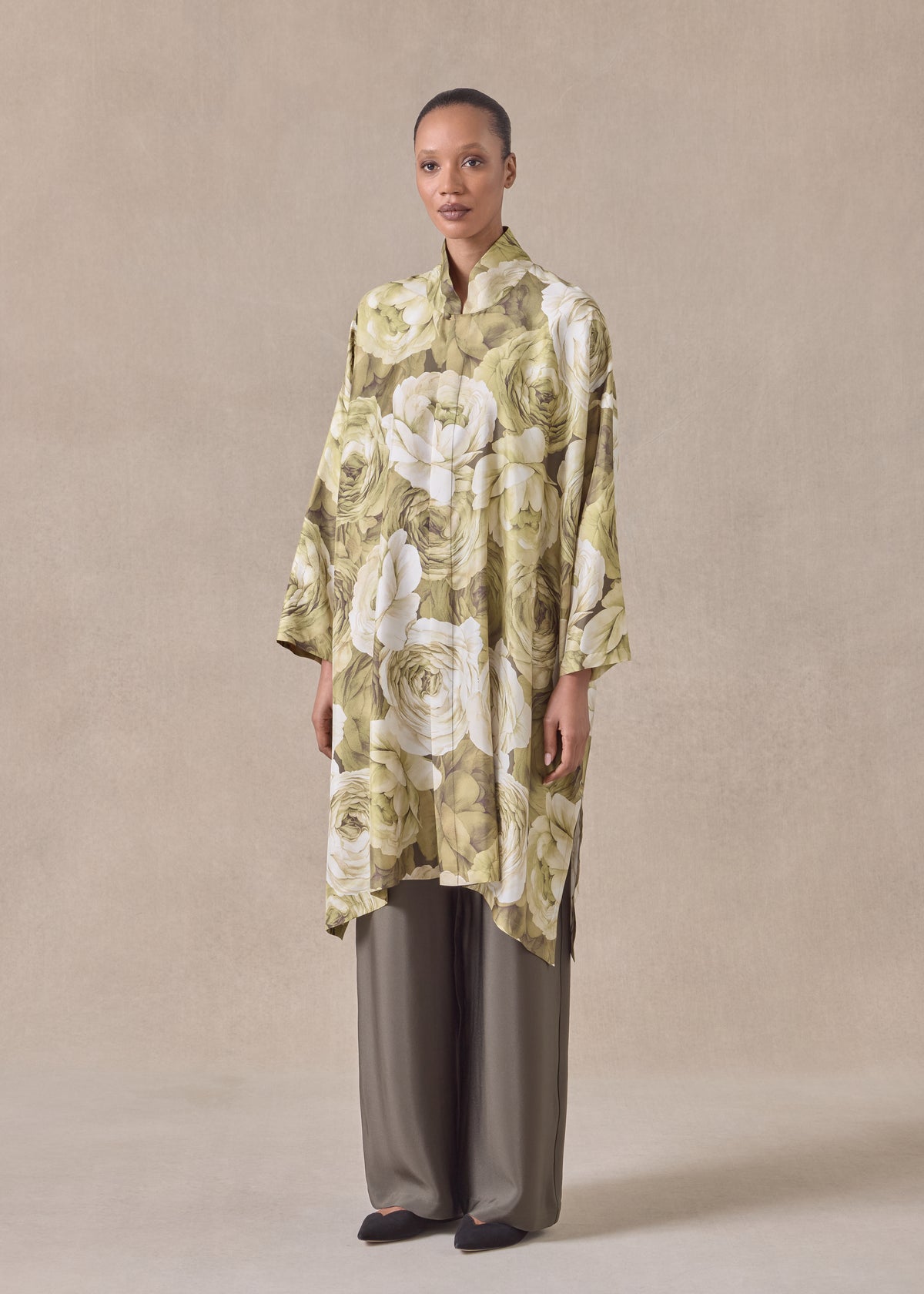silk wide a-line shirt with chinese collar - very long with slits