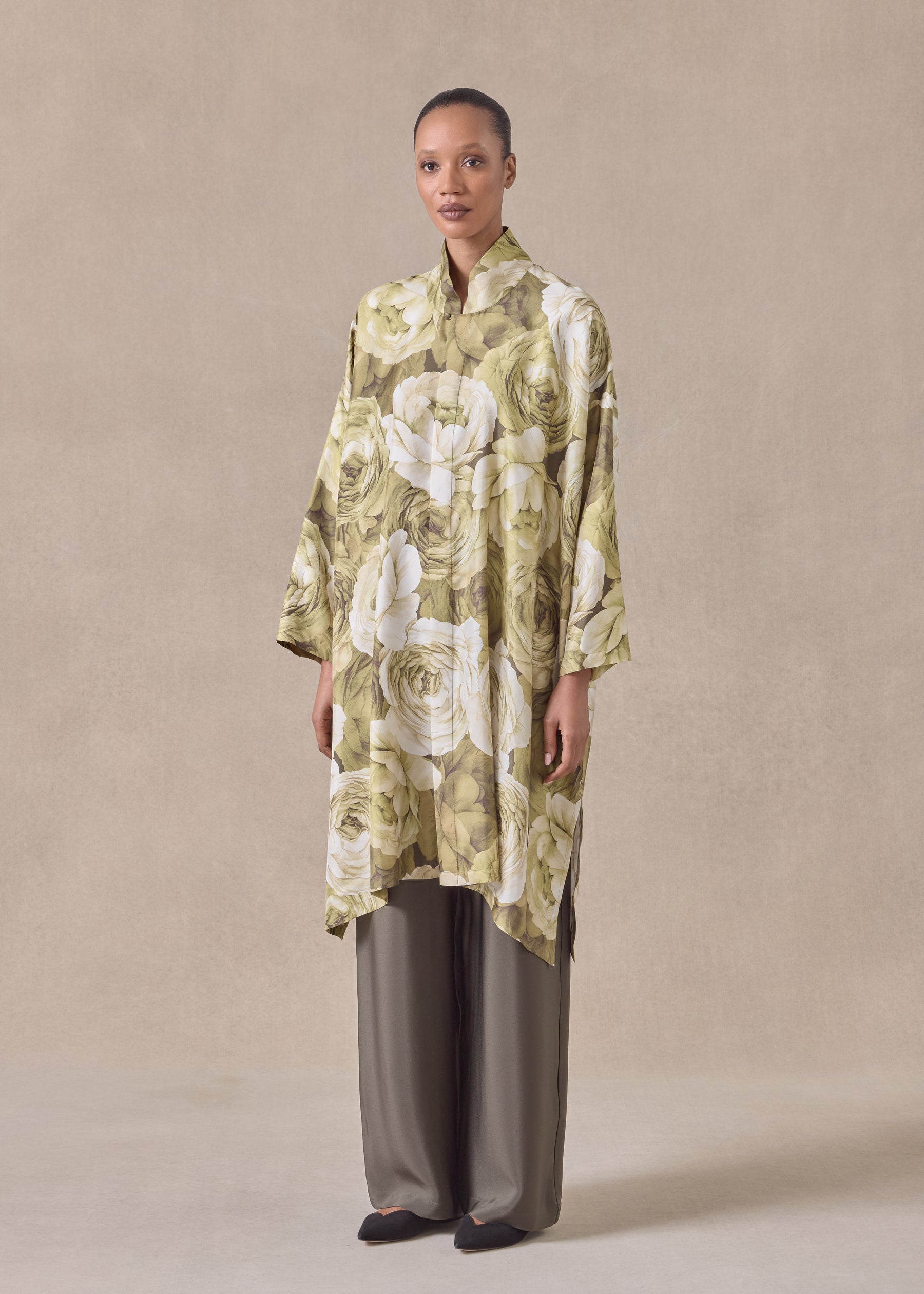 silk wide a-line shirt with chinese collar - very long with slits