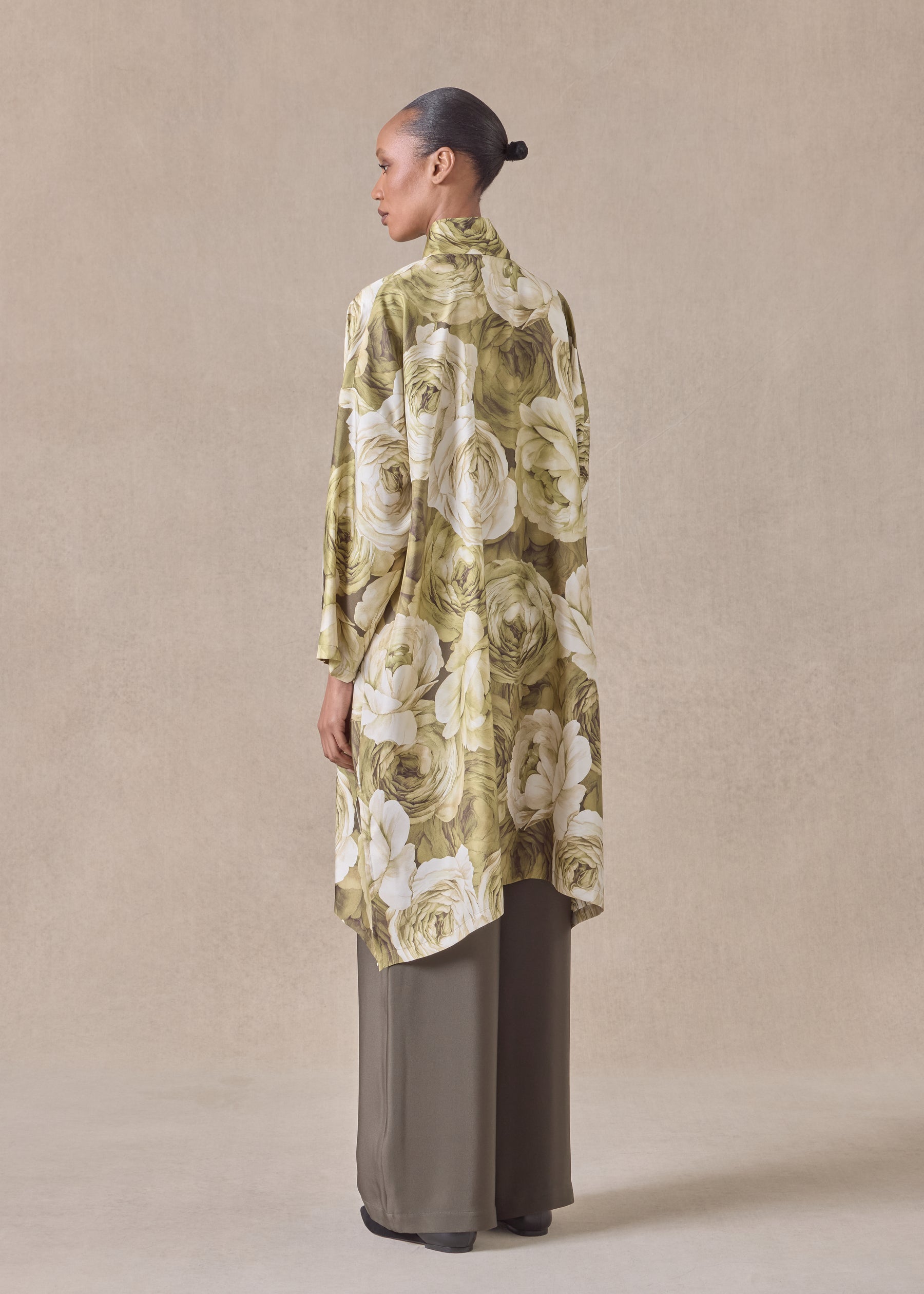 silk wide a-line shirt with chinese collar - very long with slits