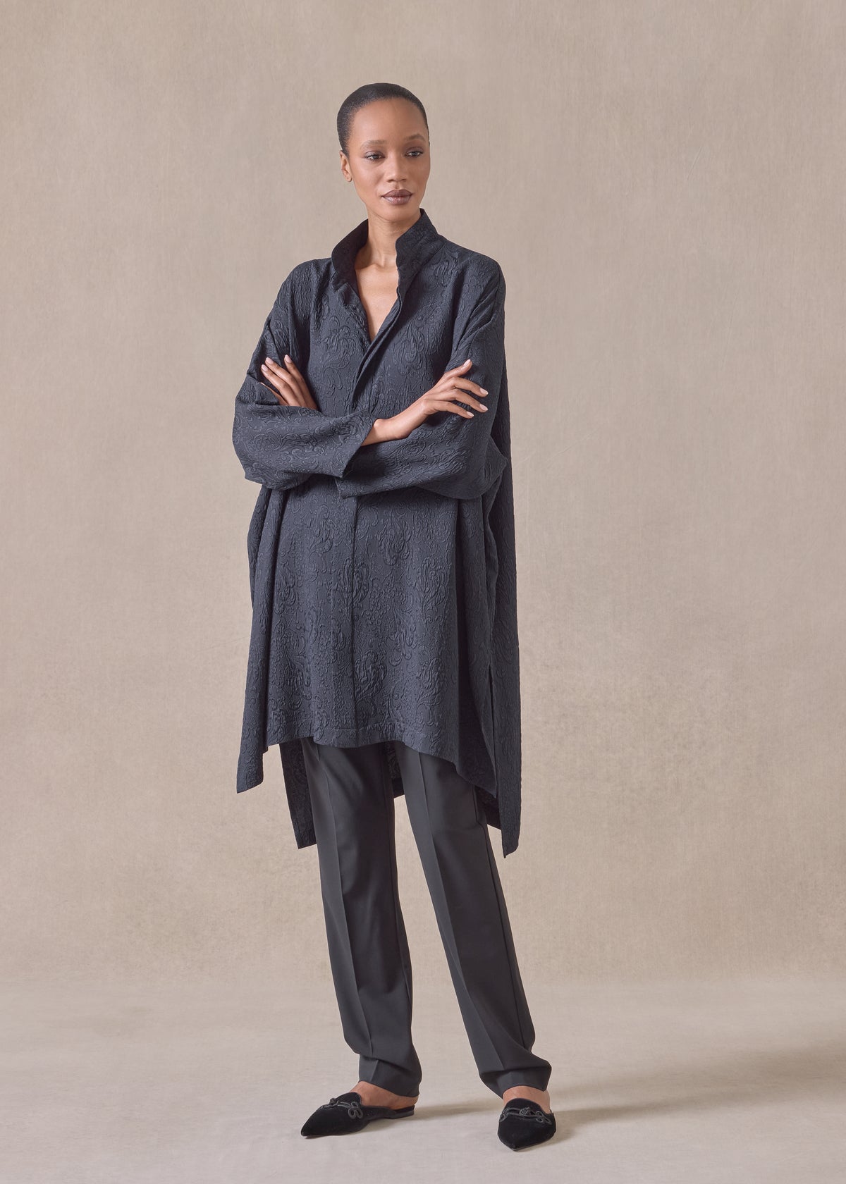 silk wide longer back double stand collar shirt - very long with slits