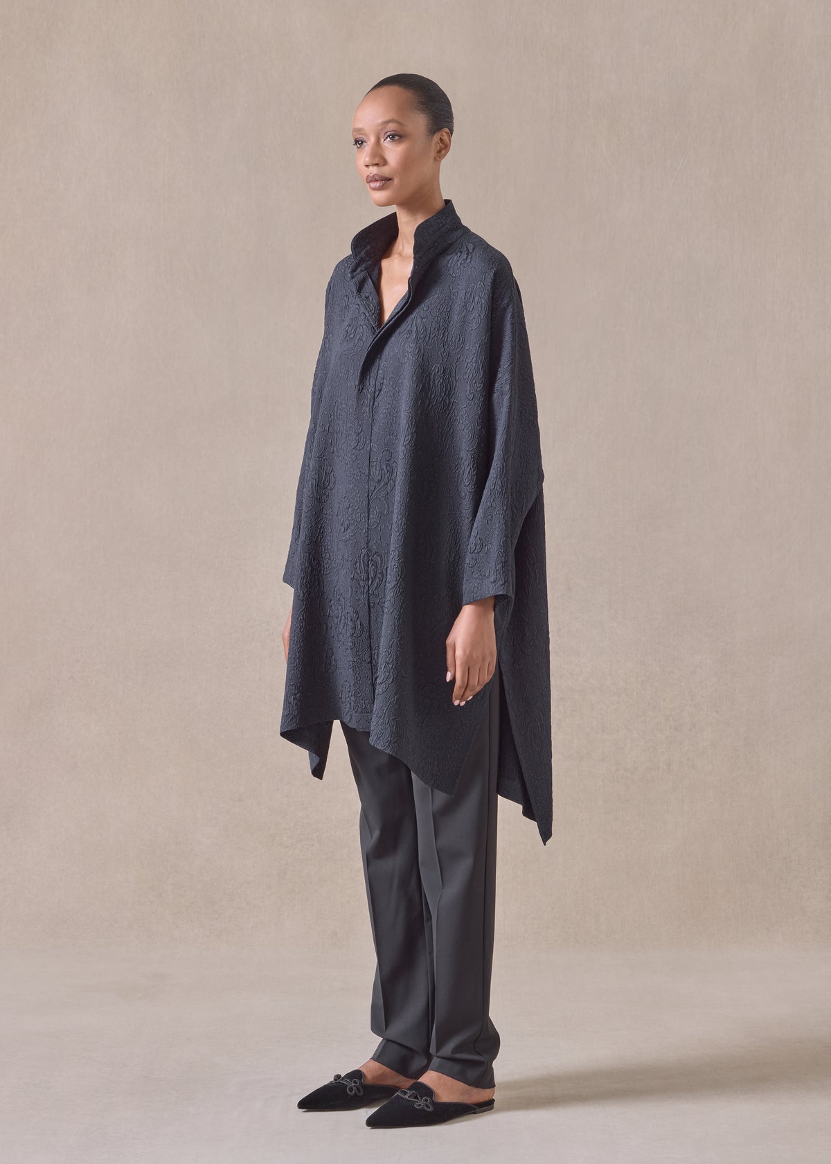 silk wide longer back double stand collar shirt - very long with slits