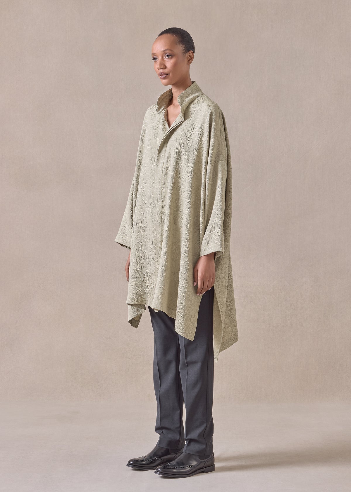 silk wide longer back double stand collar shirt - very long with slits