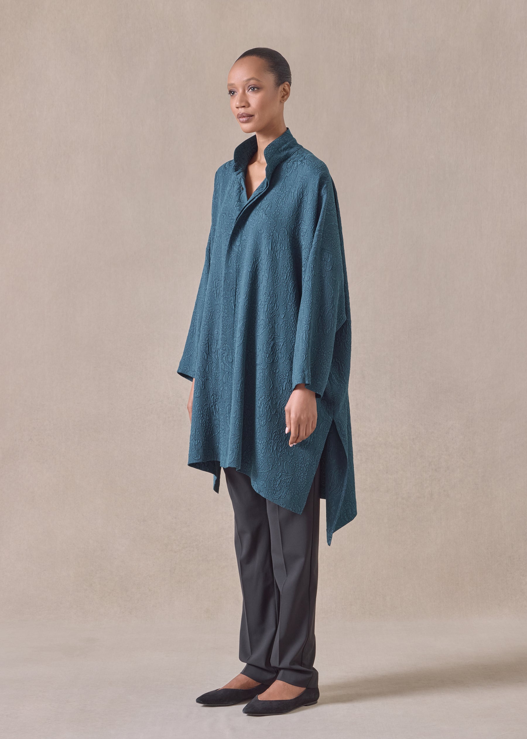 silk wide longer back double stand collar shirt - very long with slits