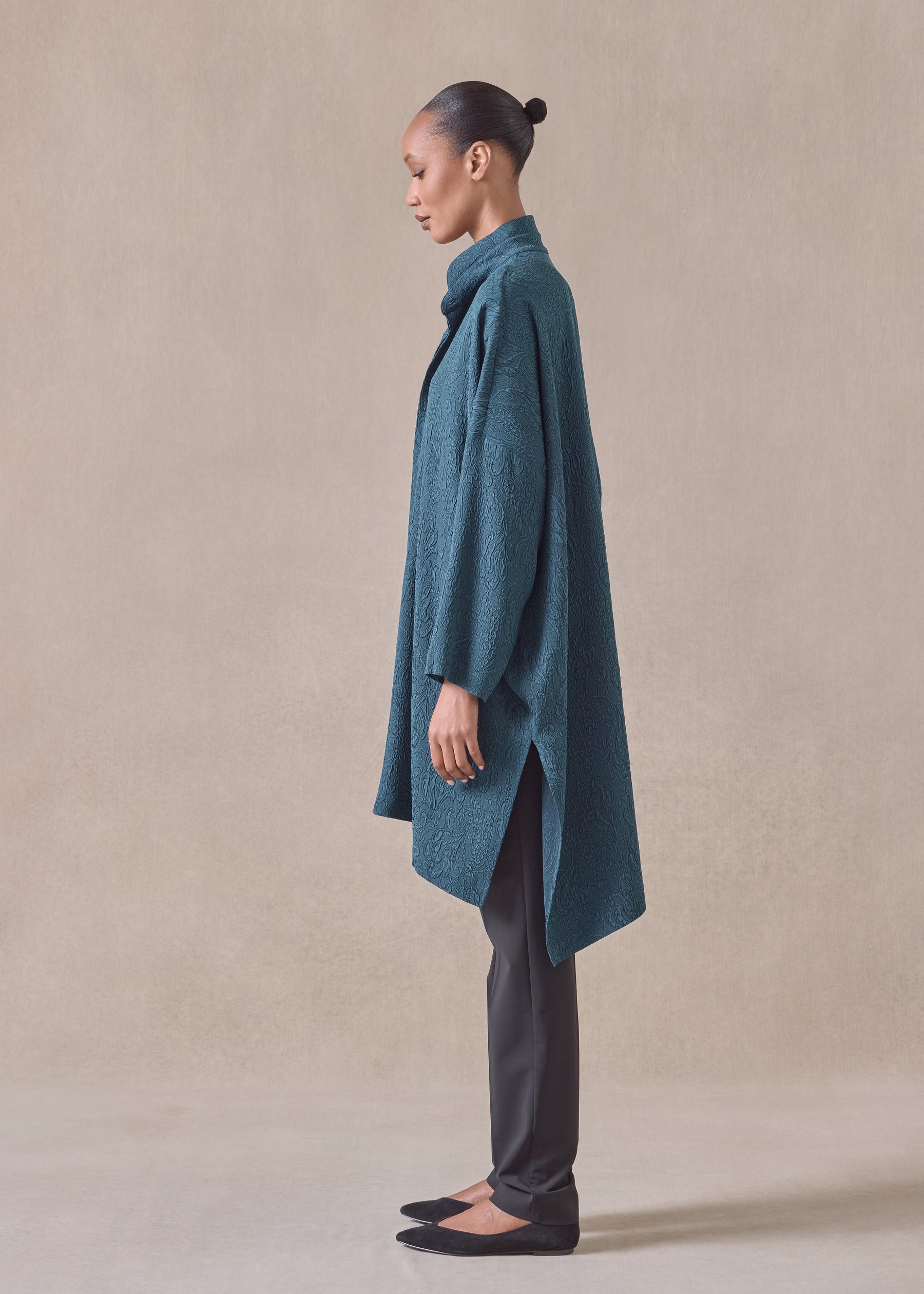 silk wide longer back double stand collar shirt - very long with slits