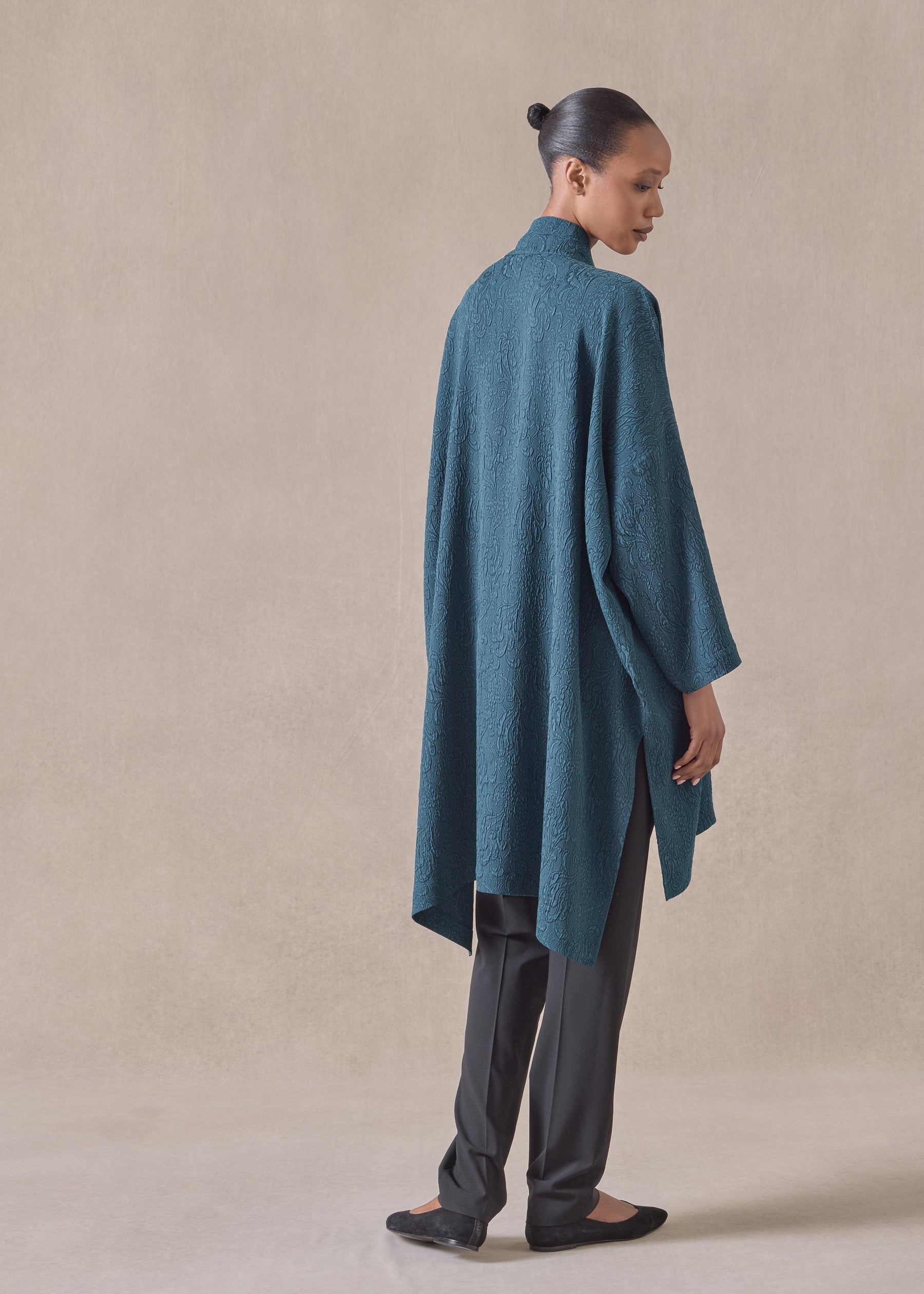 silk wide longer back double stand collar shirt - very long with slits