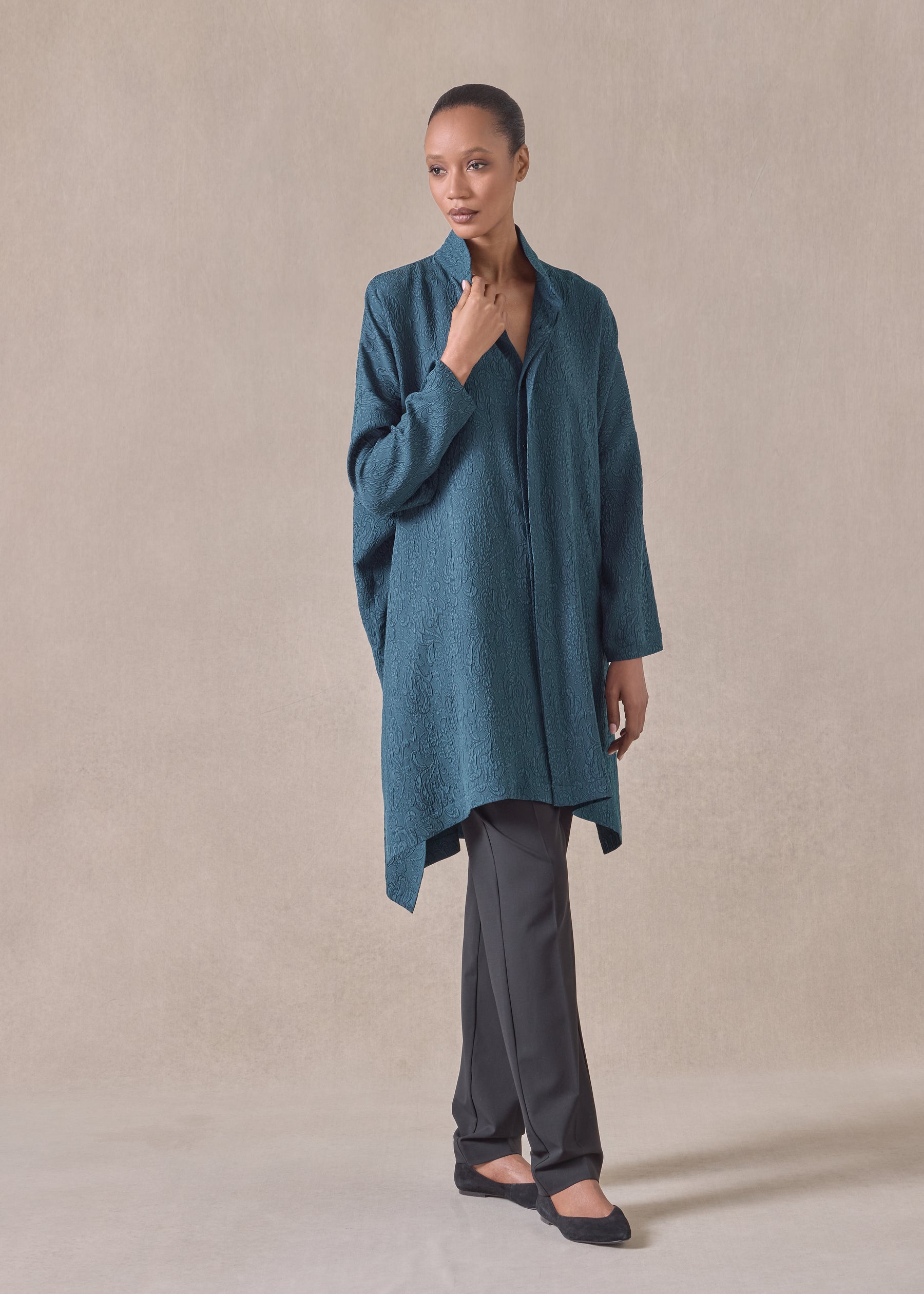 silk wide longer back double stand collar shirt - very long with slits