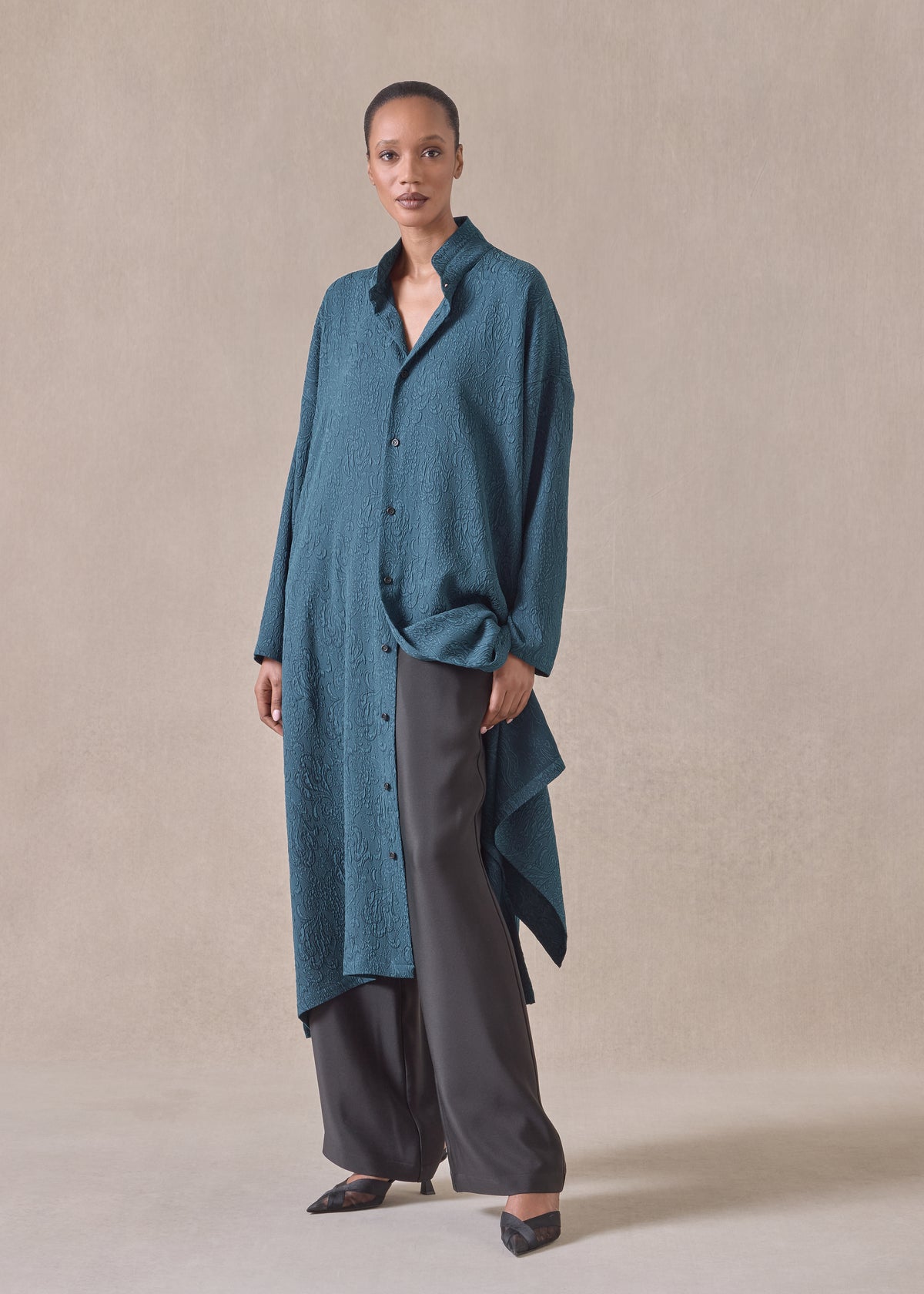 silk wide a-line double stand collar shirt dress